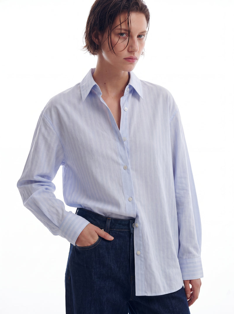 BRITISH POPLIN OVERSIZE CIZGILI GOMLEK MAVI