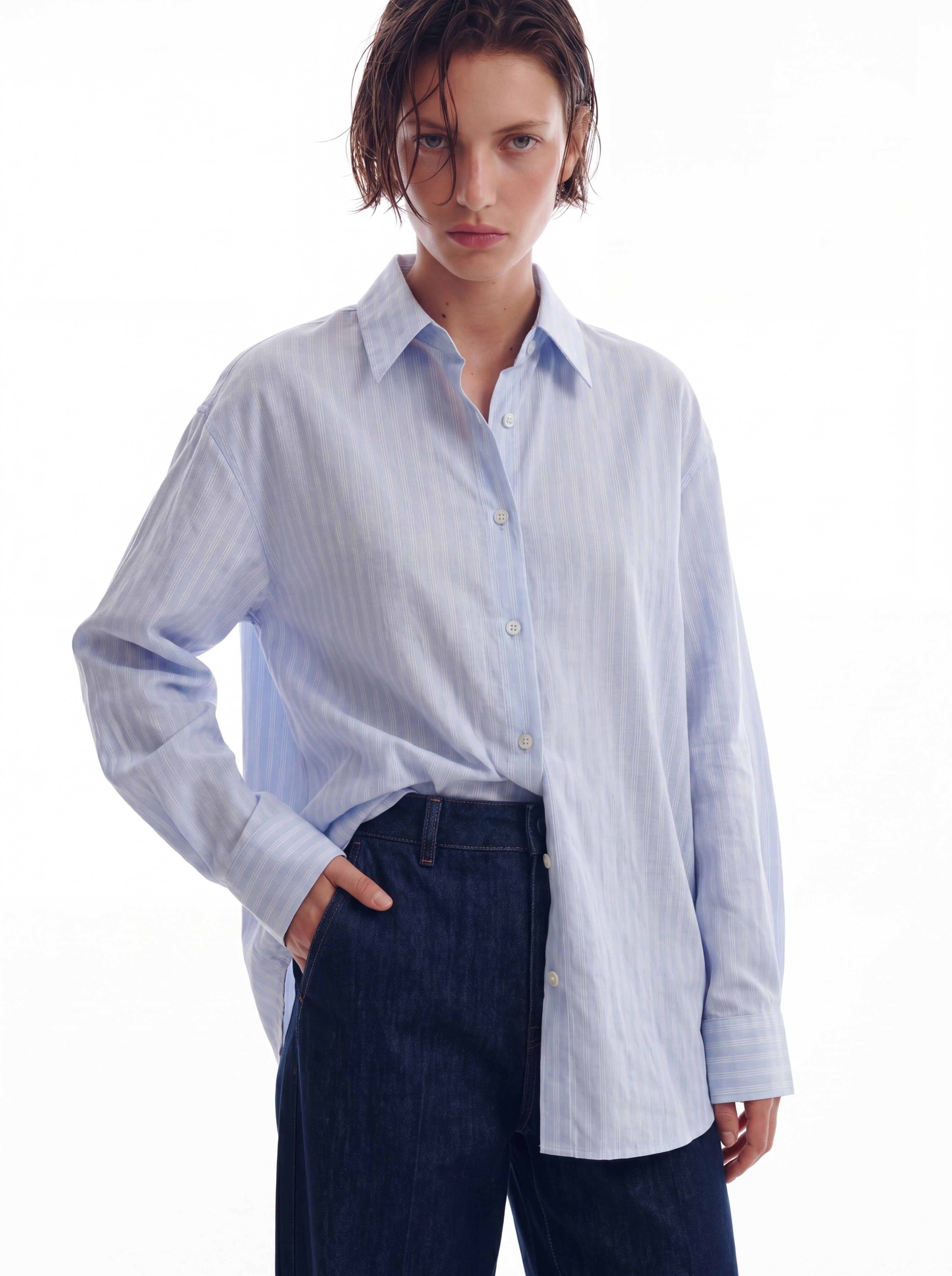 BRITISH POPLIN OVERSIZE CIZGILI GOMLEK MAVI