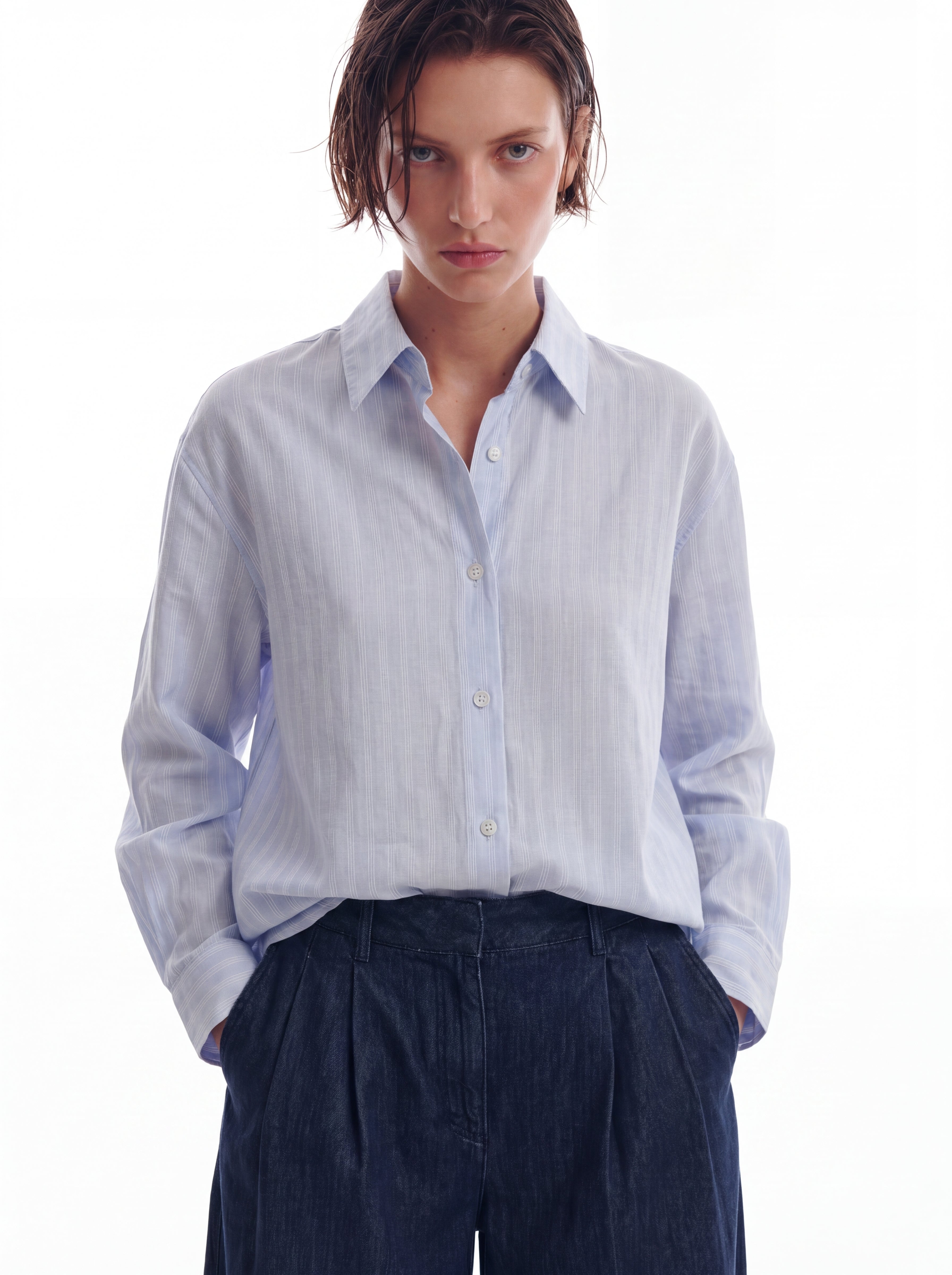 BRITISH POPLIN OVERSIZE CIZGILI GOMLEK MAVI