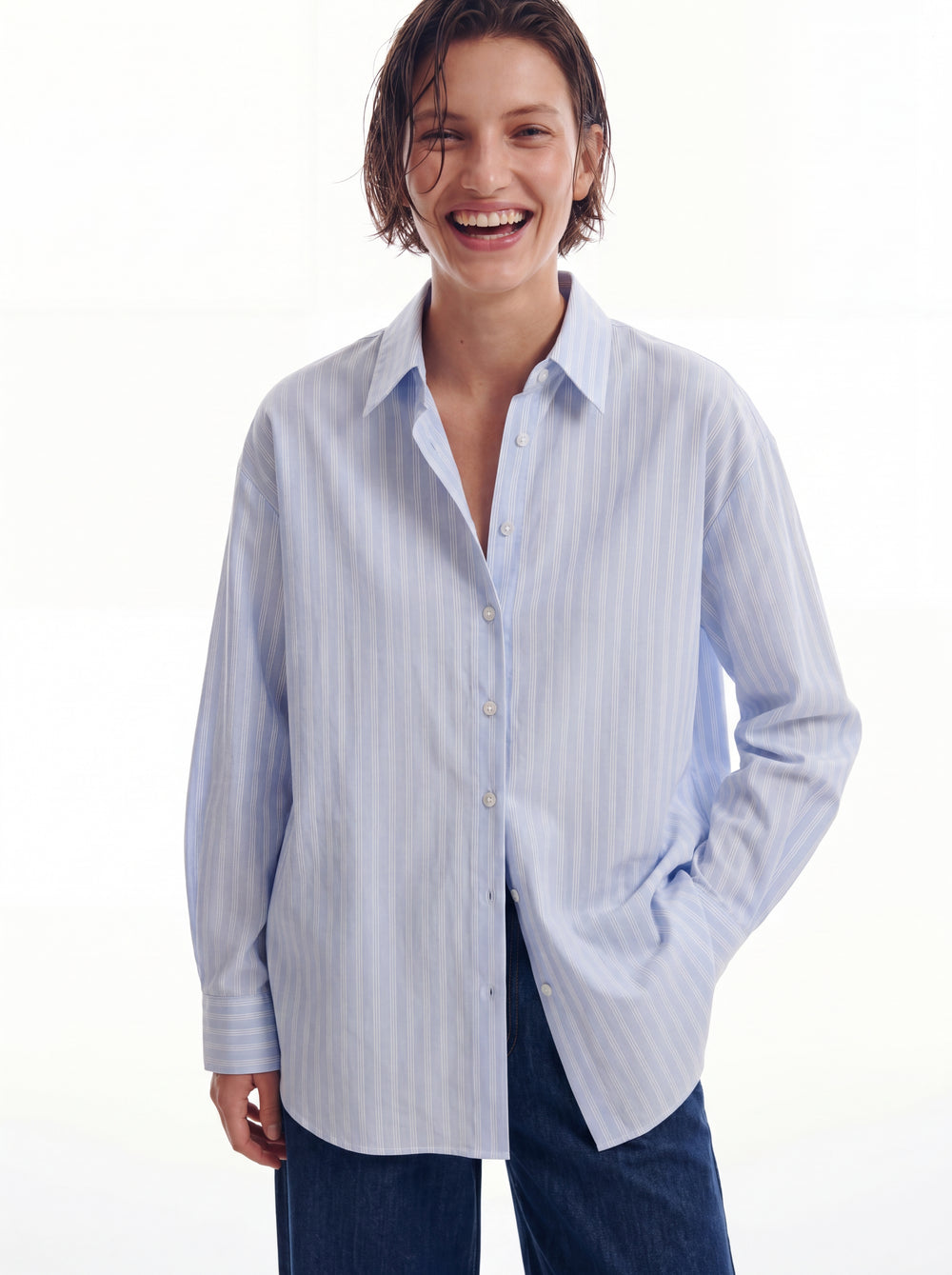 BRITISH POPLIN OVERSIZE CIZGILI GOMLEK MAVI