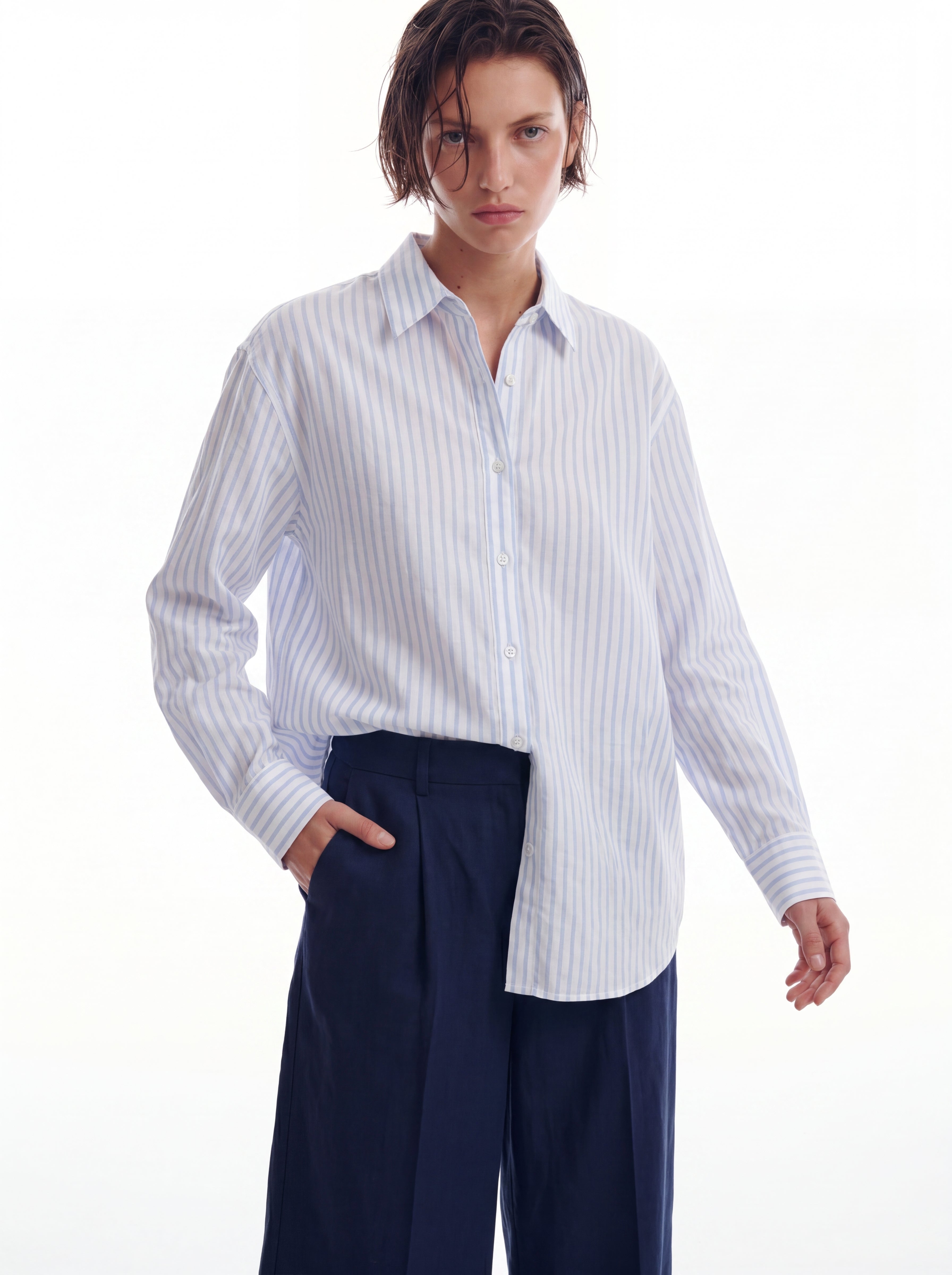 BRITISH POPLIN OVERSIZE CIZGILI GOMLEK BEYAZ