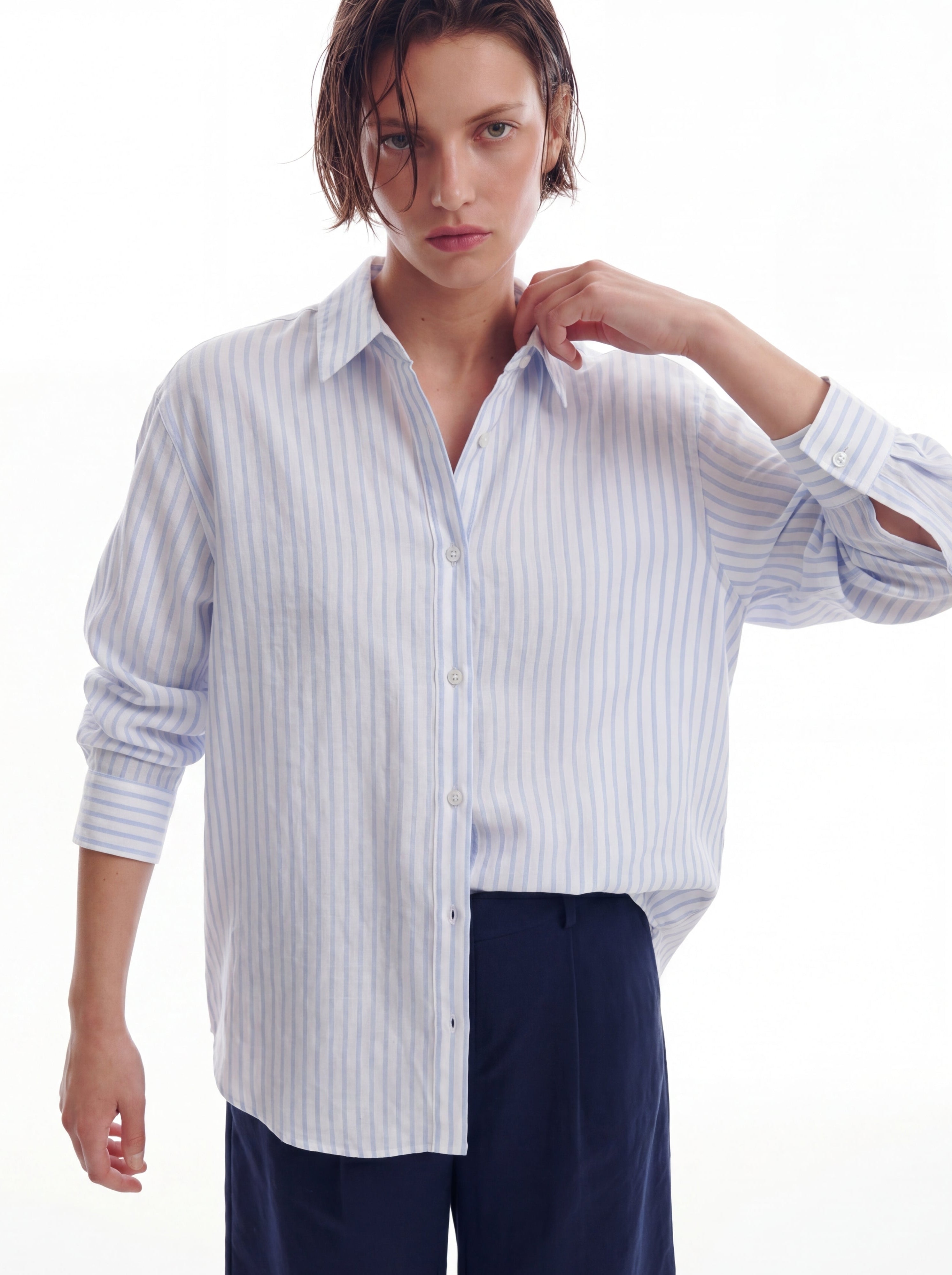 BRITISH POPLIN OVERSIZE CIZGILI GOMLEK BEYAZ