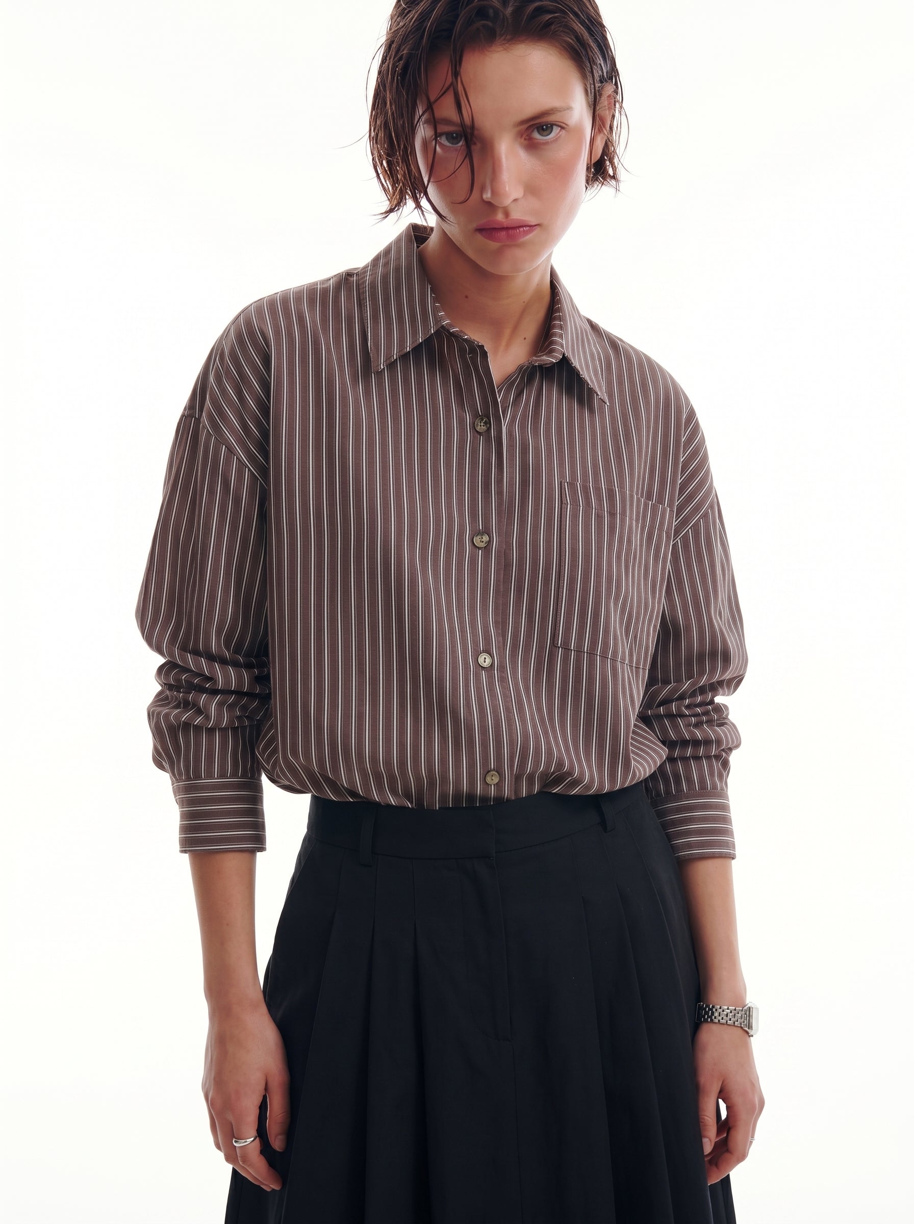 DOKUMLU CIZGILI TENCEL GOMLEK KAHVE