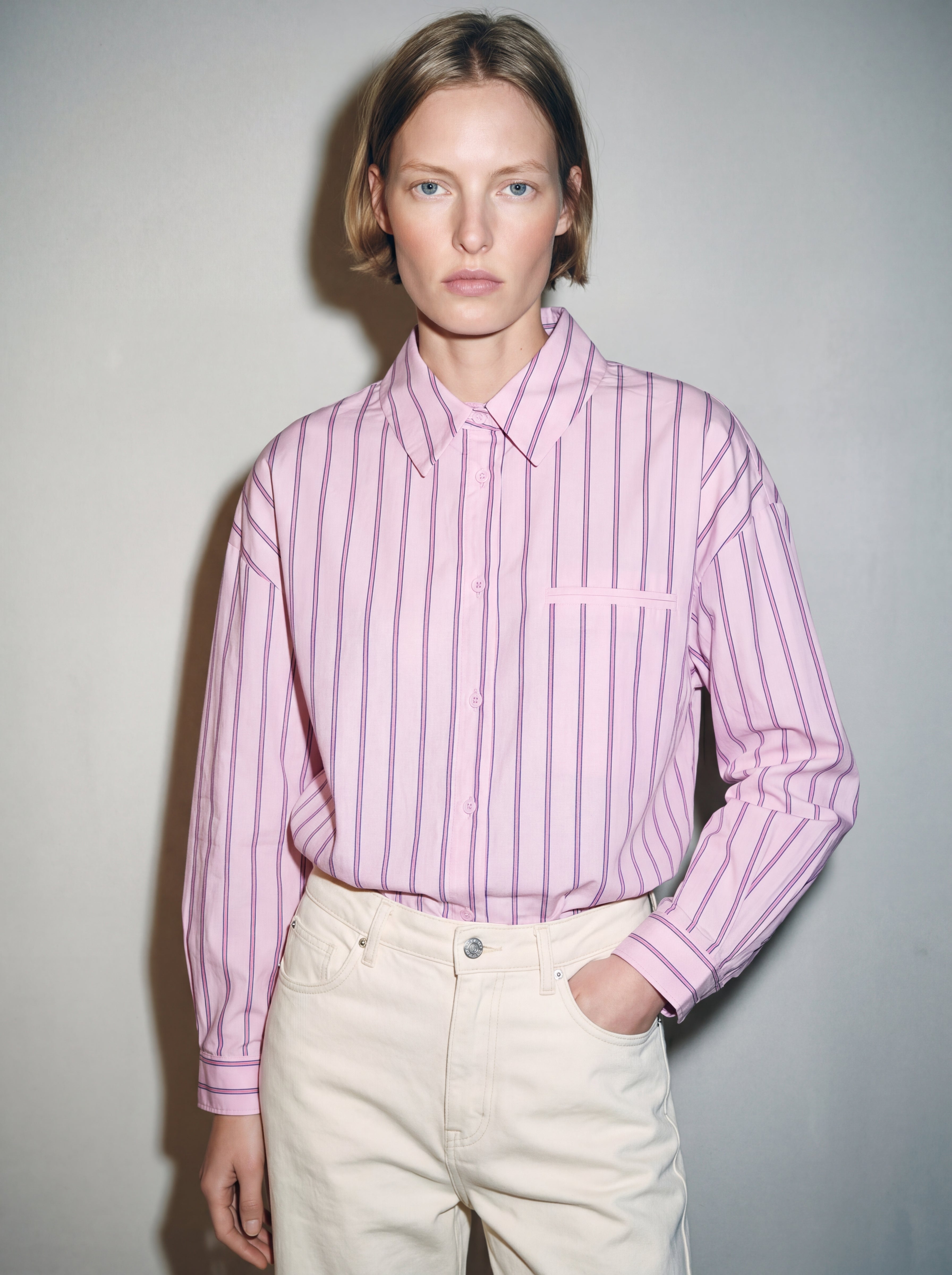 CEP DETAYLI CIZGILI POPLIN GOMLEK PEMBE