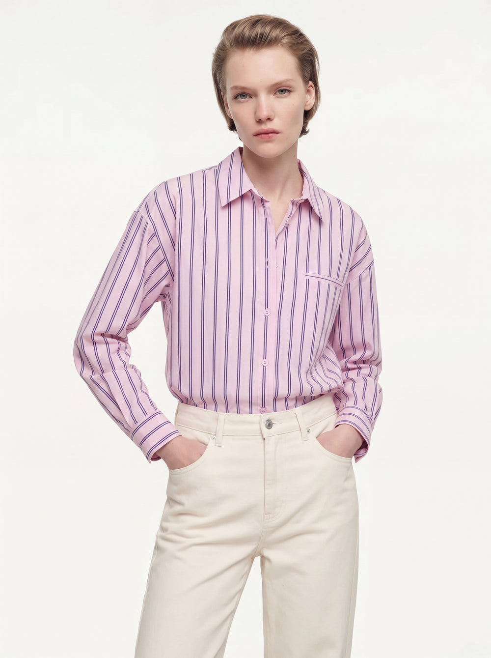 CEP DETAYLI CIZGILI POPLIN GOMLEK PEMBE