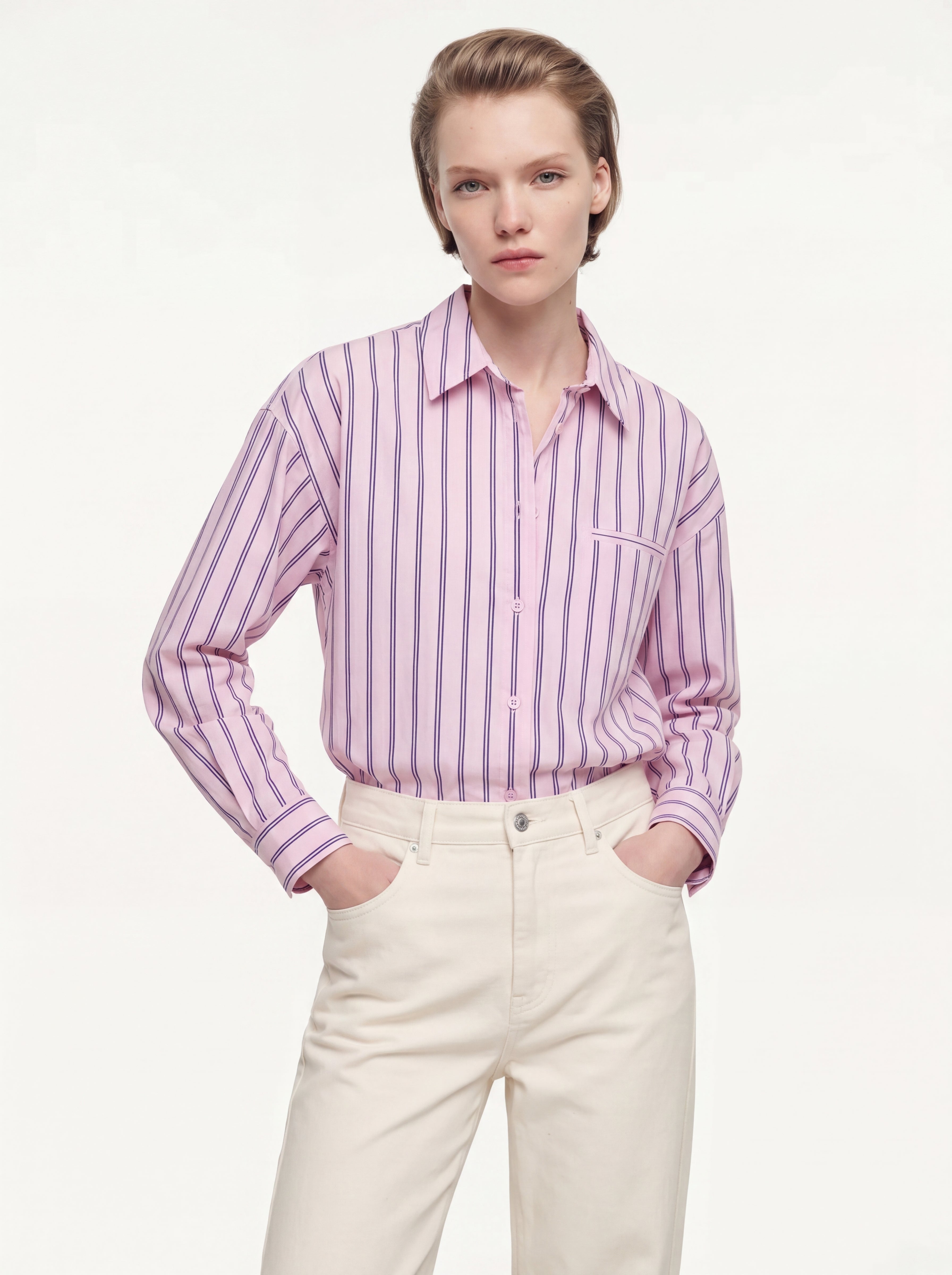 CEP DETAYLI CIZGILI POPLIN GOMLEK PEMBE