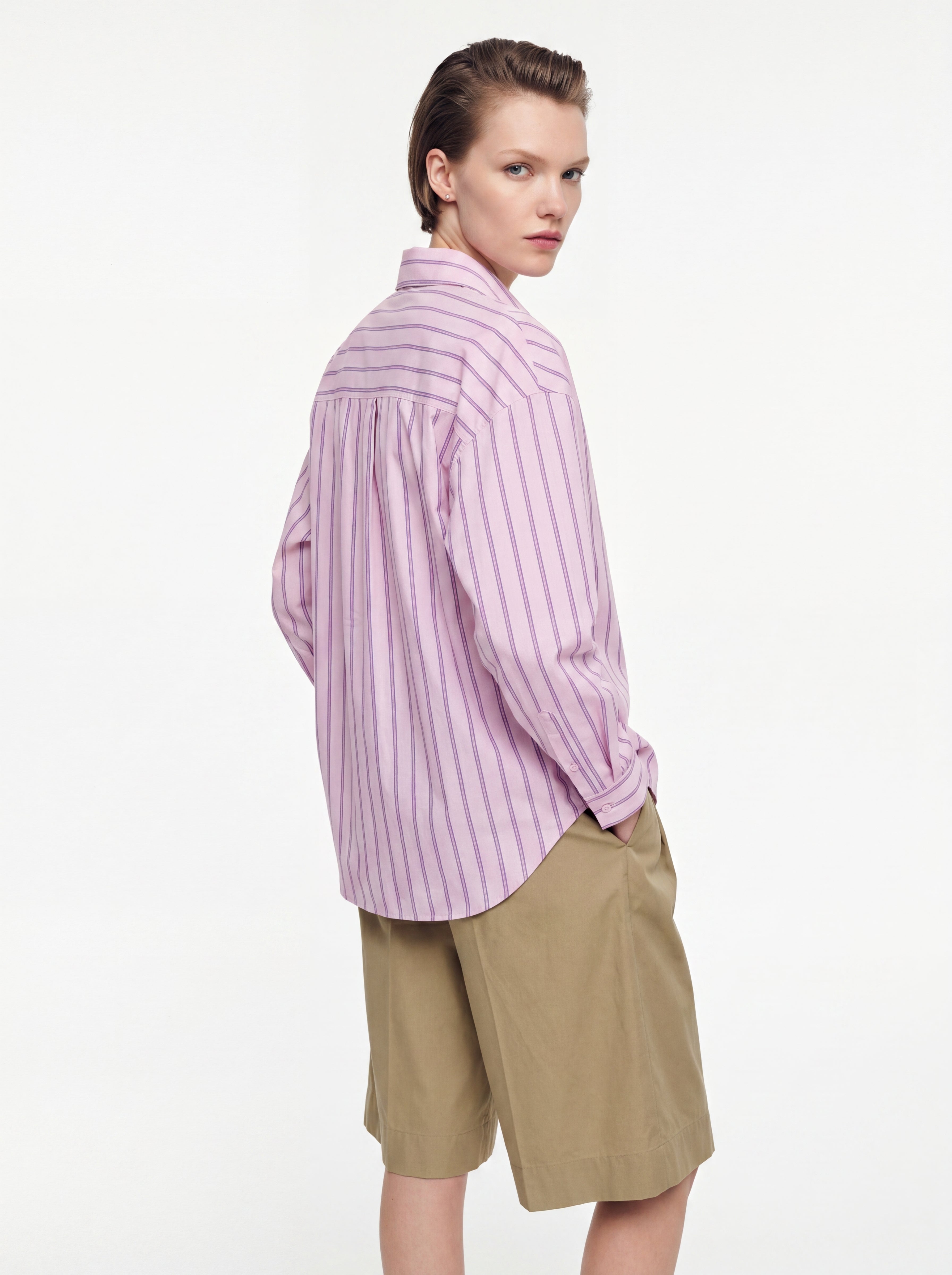 CEP DETAYLI CIZGILI POPLIN GOMLEK PEMBE