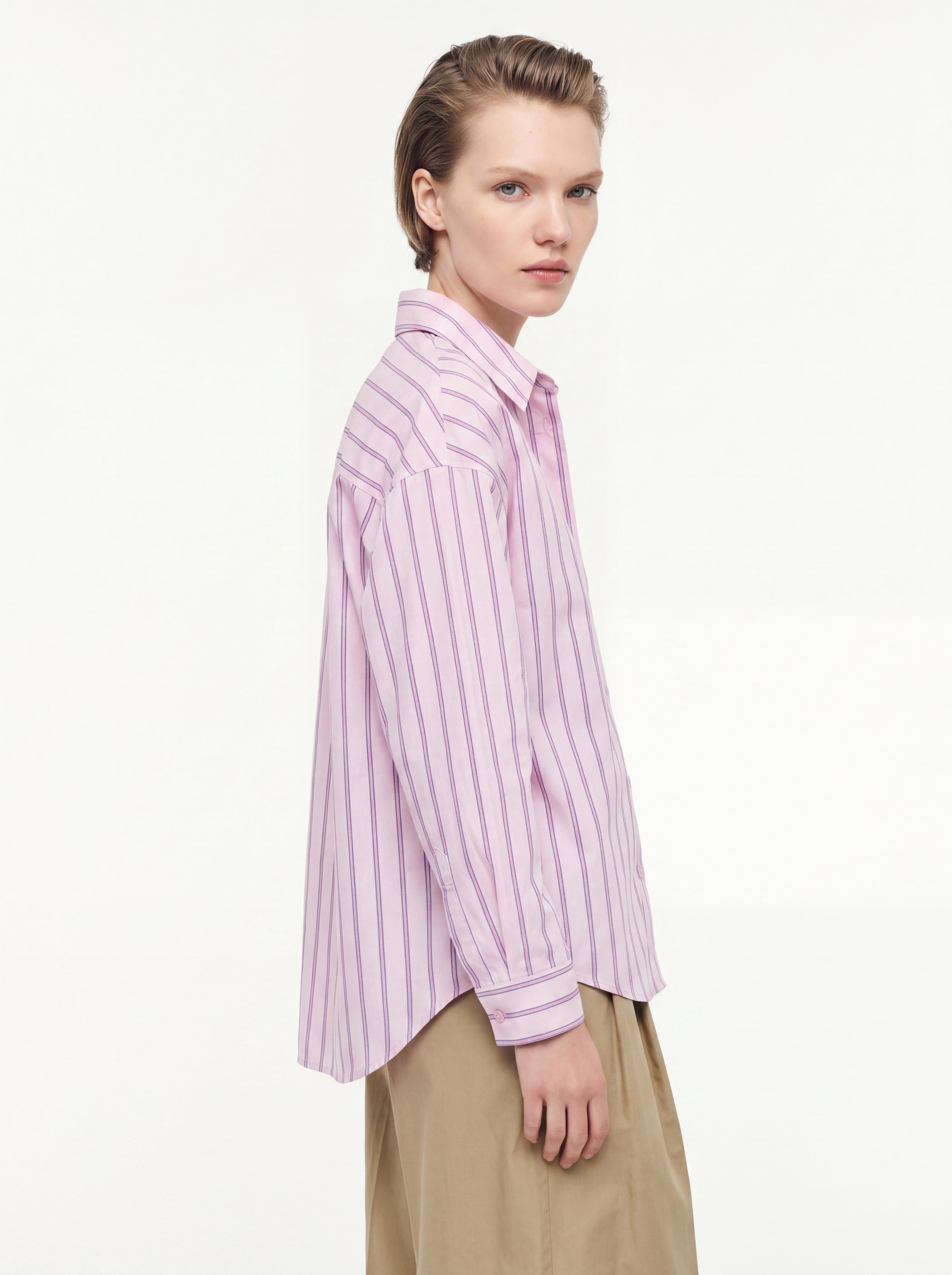 CEP DETAYLI CIZGILI POPLIN GOMLEK PEMBE