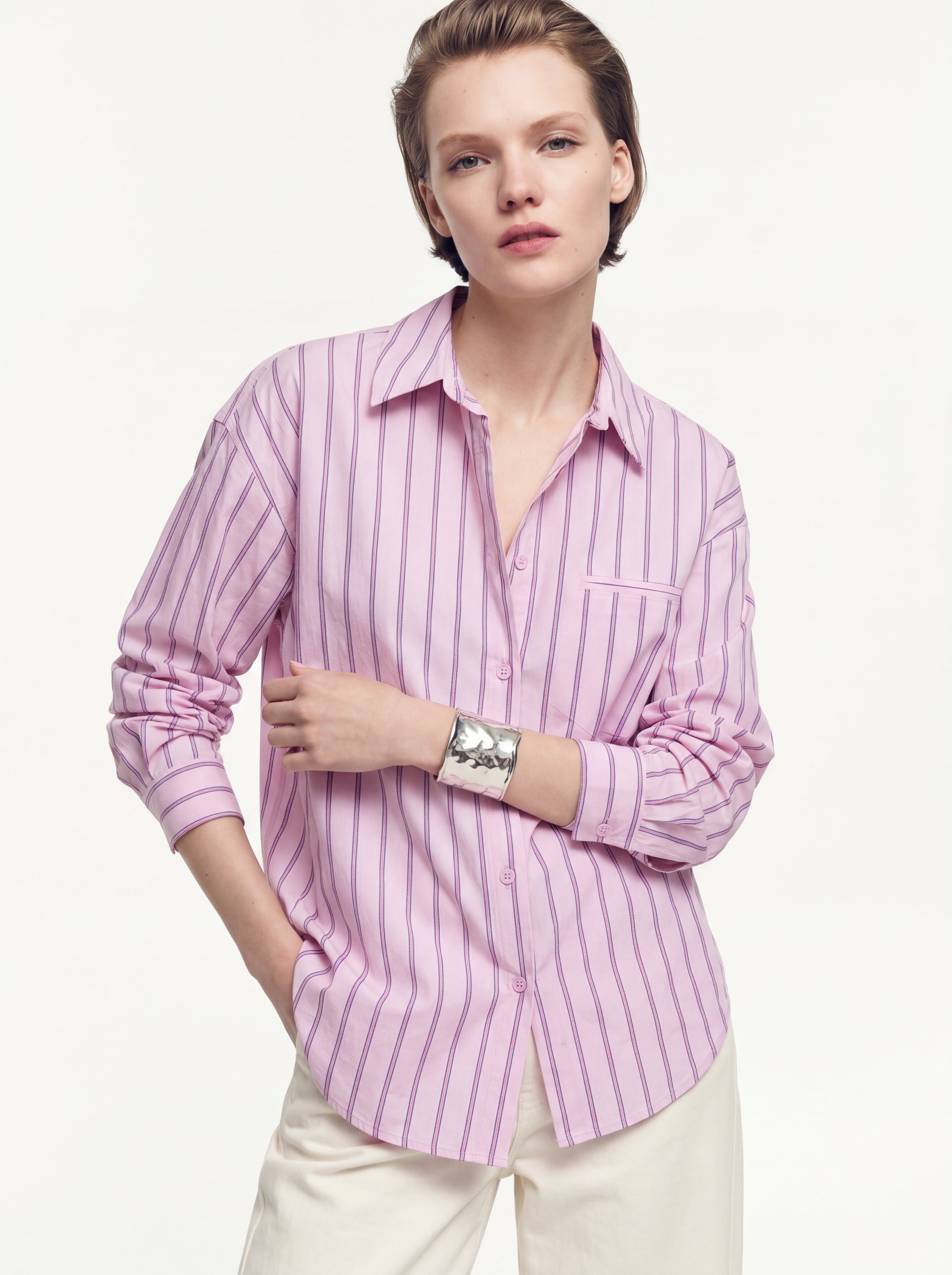 CEP DETAYLI CIZGILI POPLIN GOMLEK PEMBE