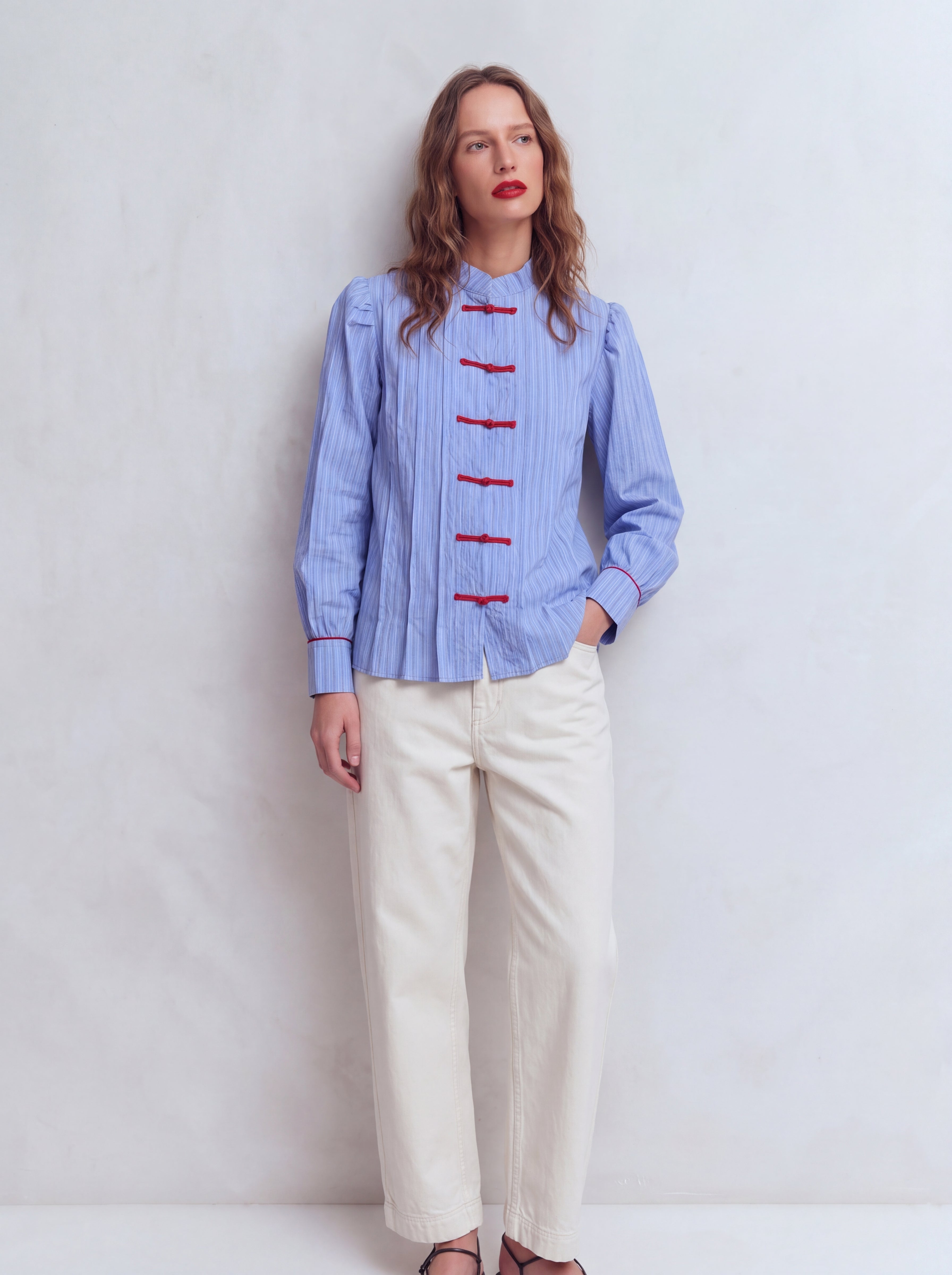 HAKIM YAKA CIZGILI GOMLEK CEKET MAVI