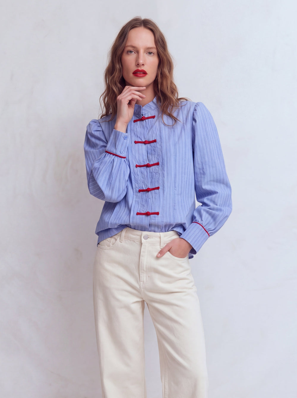 HAKIM YAKA CIZGILI GOMLEK CEKET MAVI