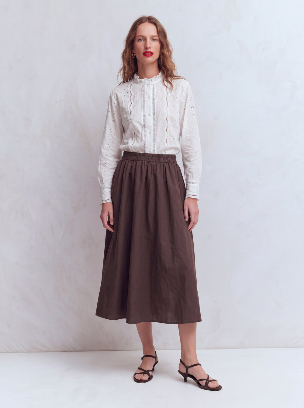 ELASTİK BEL BANTLI MIDI ETEK KAHVE