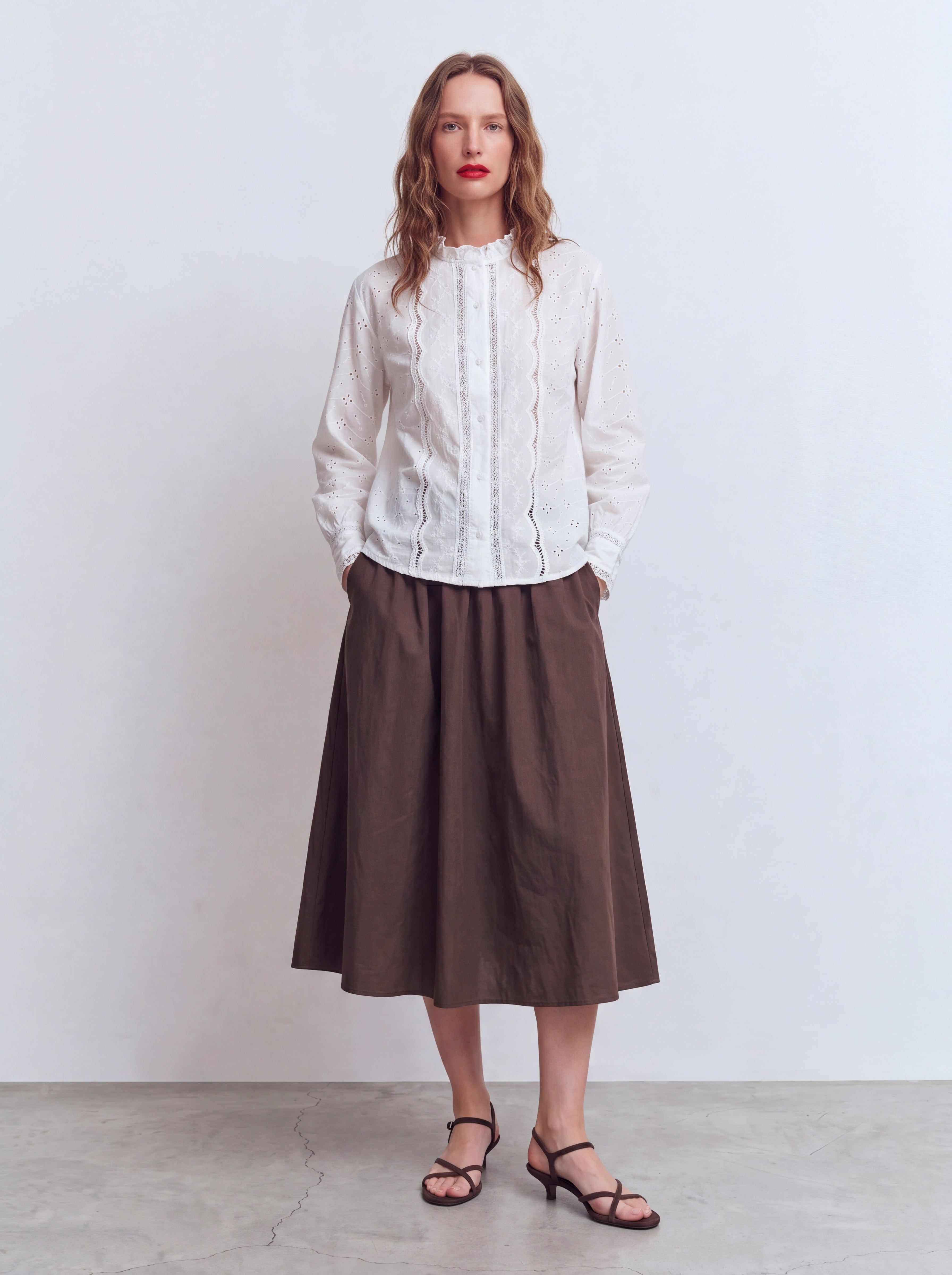 ELASTİK BEL BANTLI MIDI ETEK KAHVE