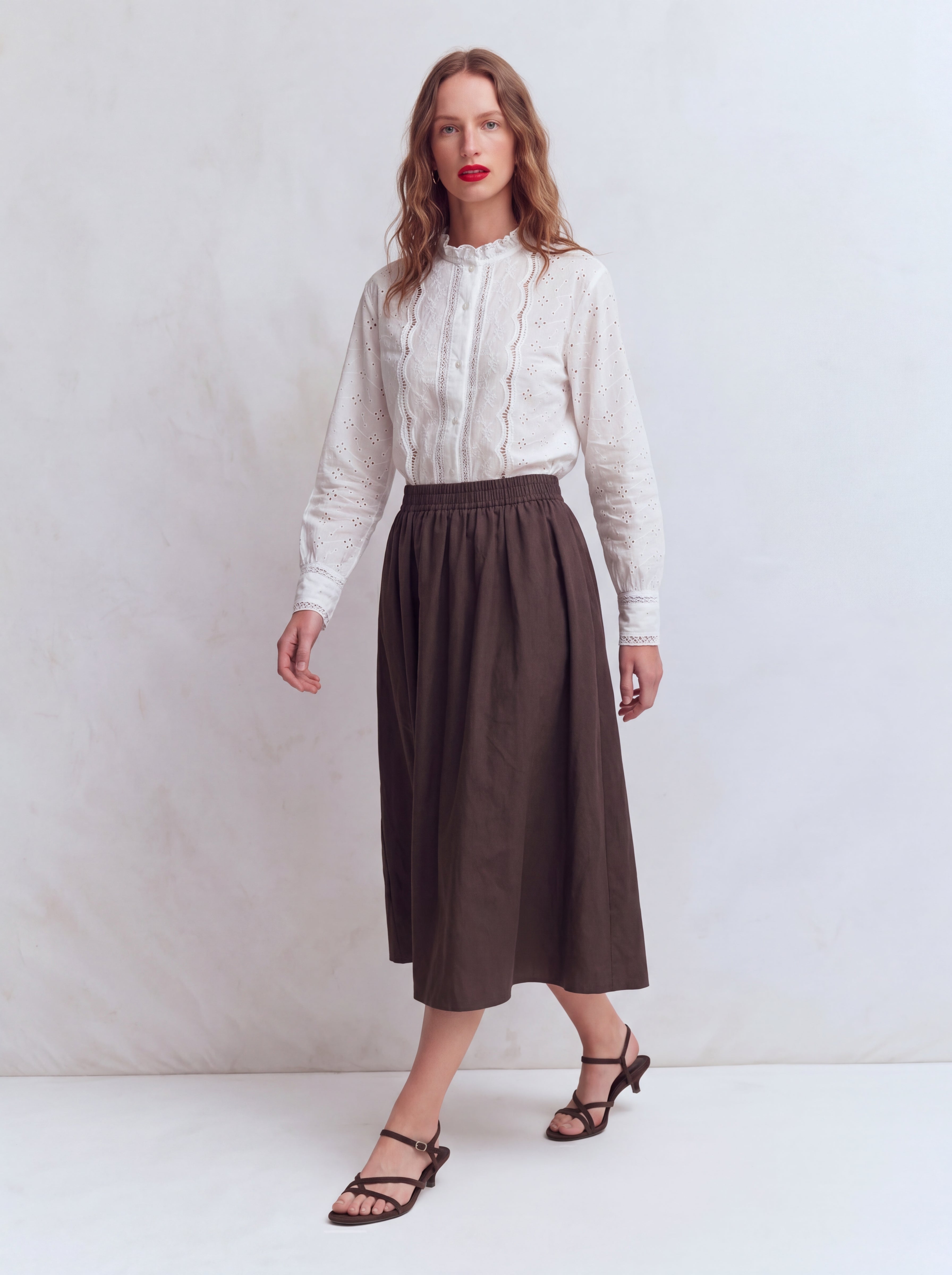 ELASTİK BEL BANTLI MIDI ETEK KAHVE