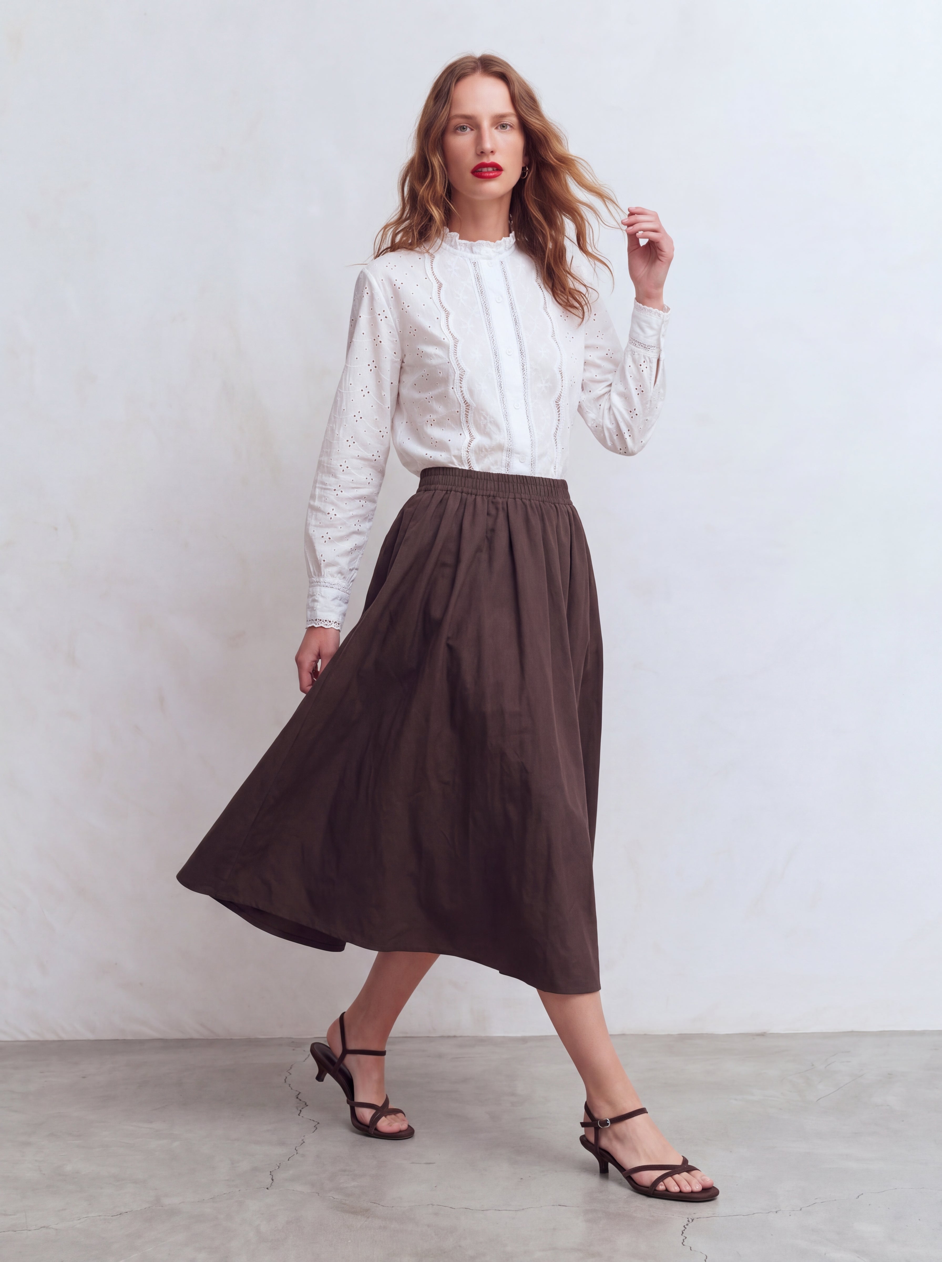 ELASTİK BEL BANTLI MIDI ETEK KAHVE