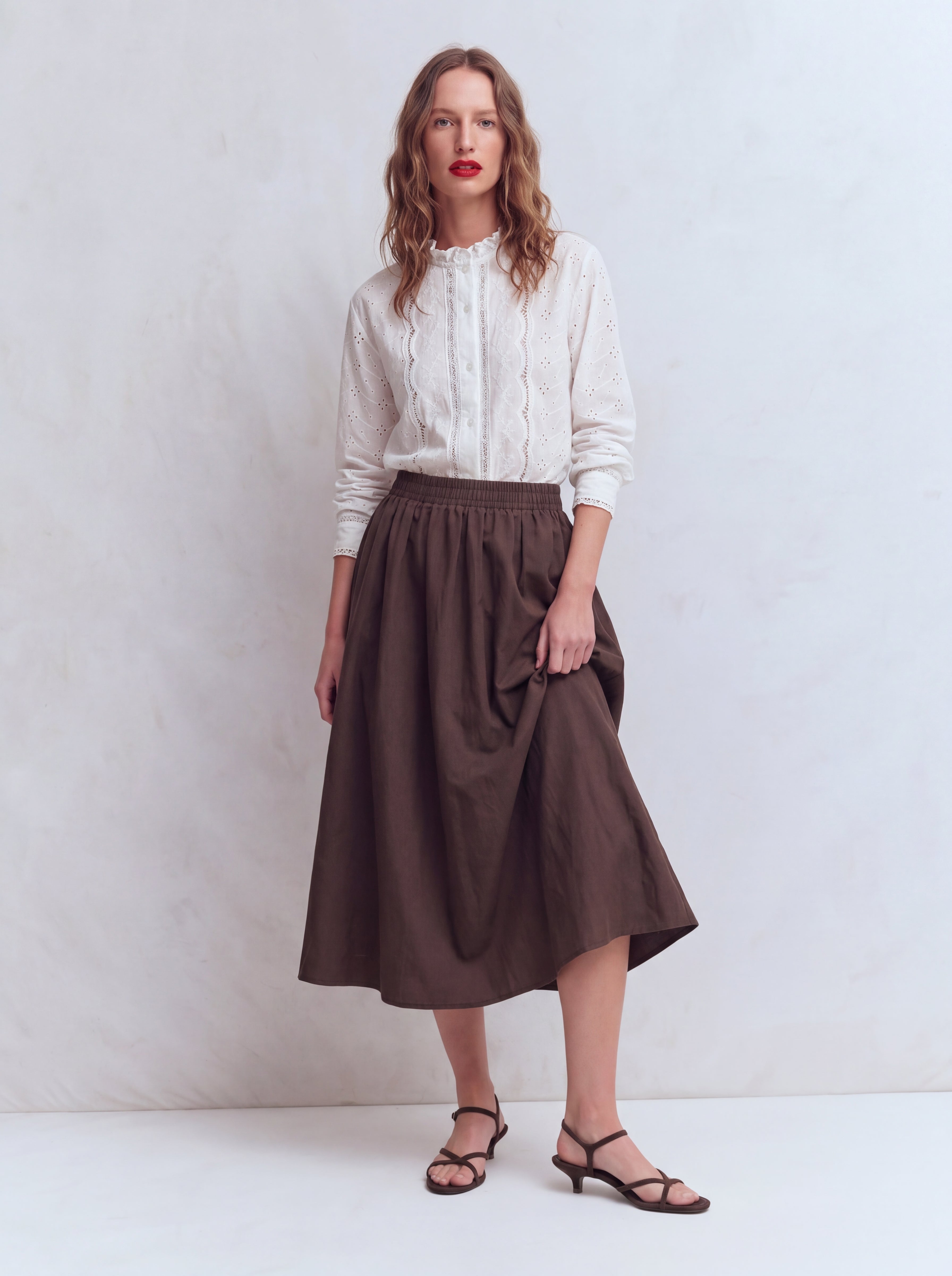 ELASTİK BEL BANTLI MIDI ETEK KAHVE