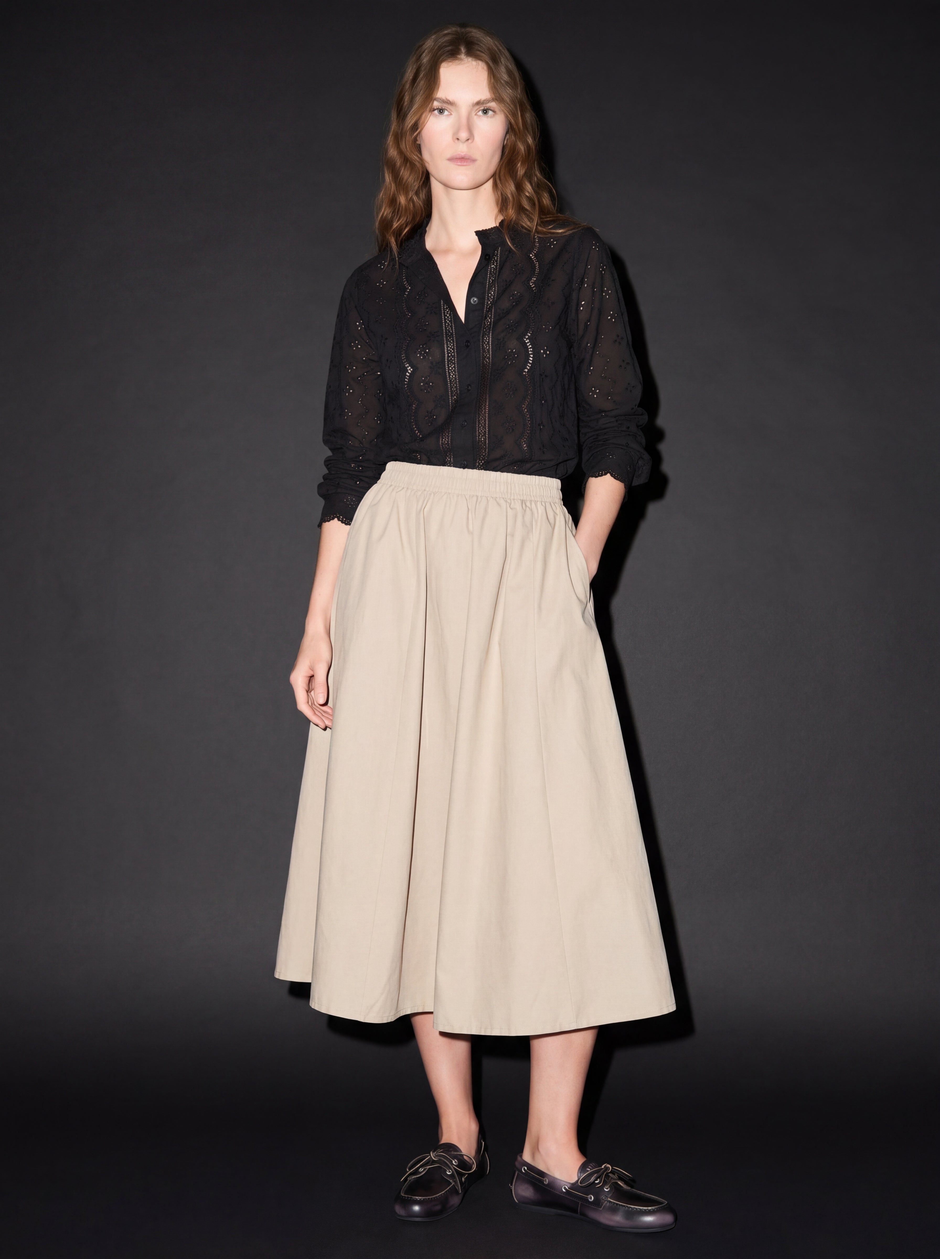 ELASTİK BEL BANTLI MIDI ETEK TAŞ RENGİ