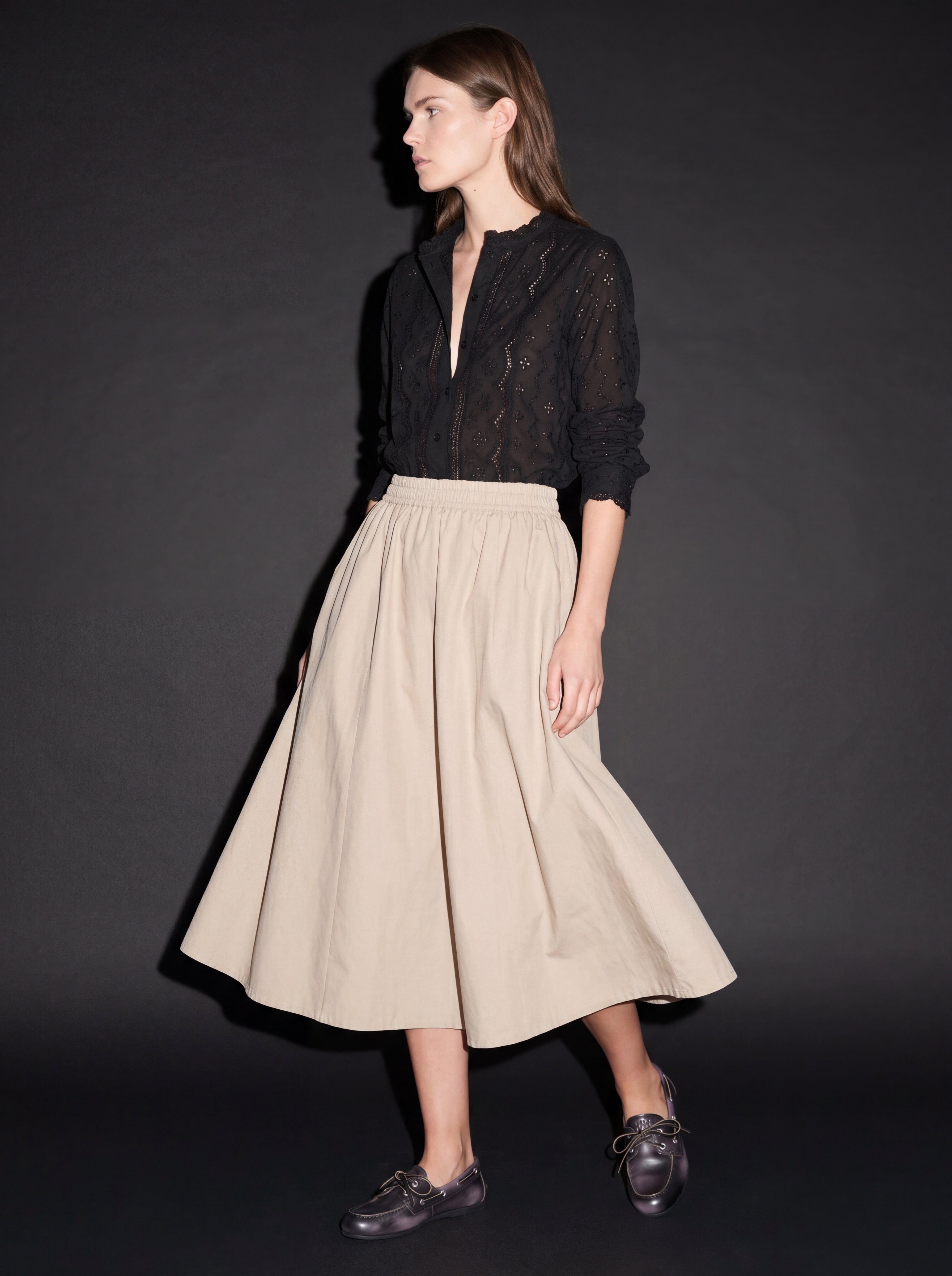 ELASTİK BEL BANTLI MIDI ETEK TAŞ RENGİ