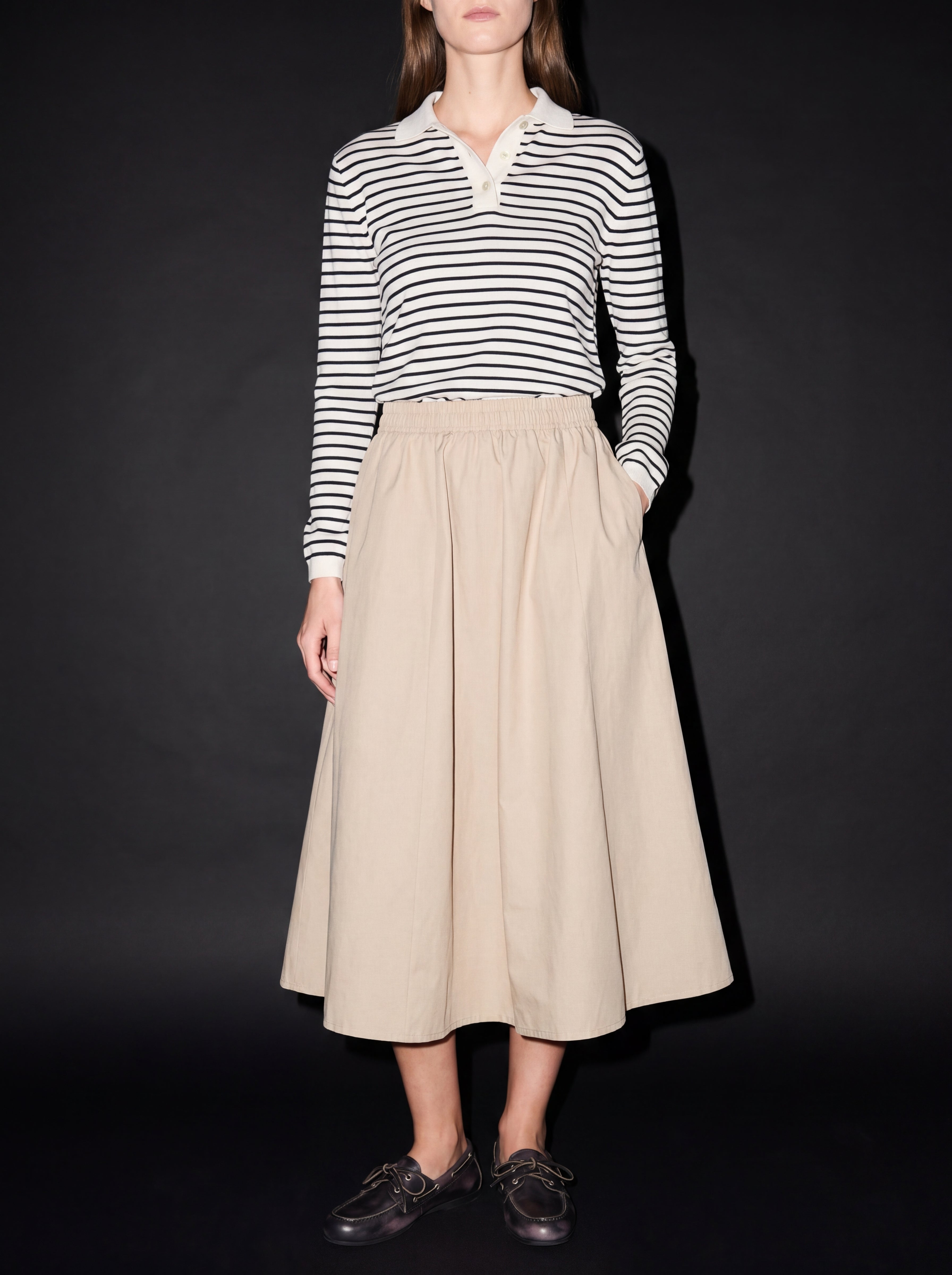 ELASTİK BEL BANTLI MIDI ETEK TAŞ RENGİ