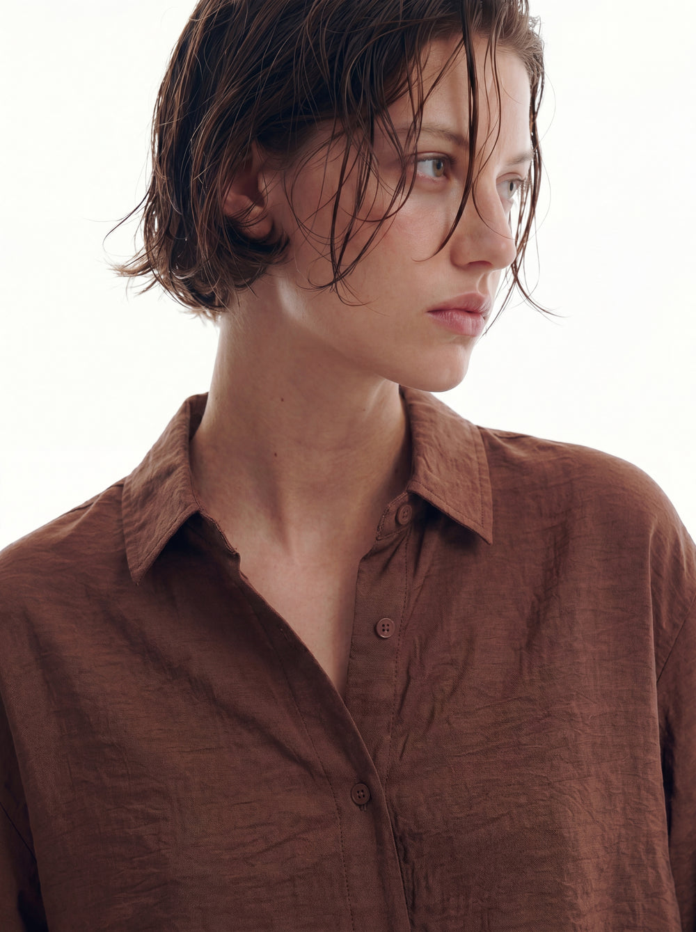 DOKUMLU TENCEL GOMLEK AMBER CAMEL