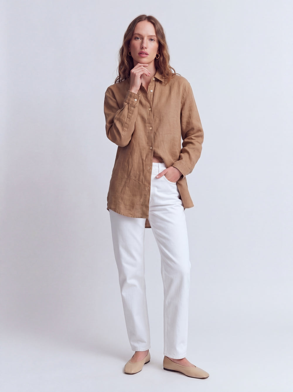 DOKUMLU %100 YIKANMIS KETEN GOMLEK CAMEL