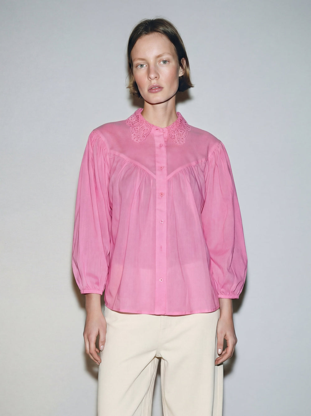 MARGARET DANTEL DETAYLI GOMLEK PEMBE