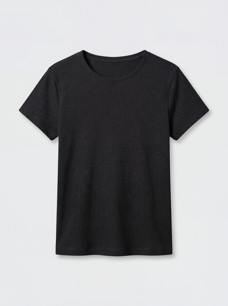 FITILLI KISA KOLLU PAMUK T-SHIRT SIYAH