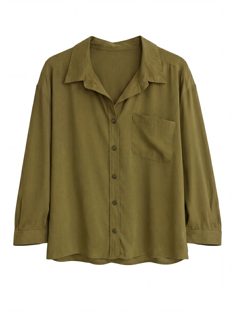 DOKUMLU CEPLI TENCEL GOMLEK OLIVE