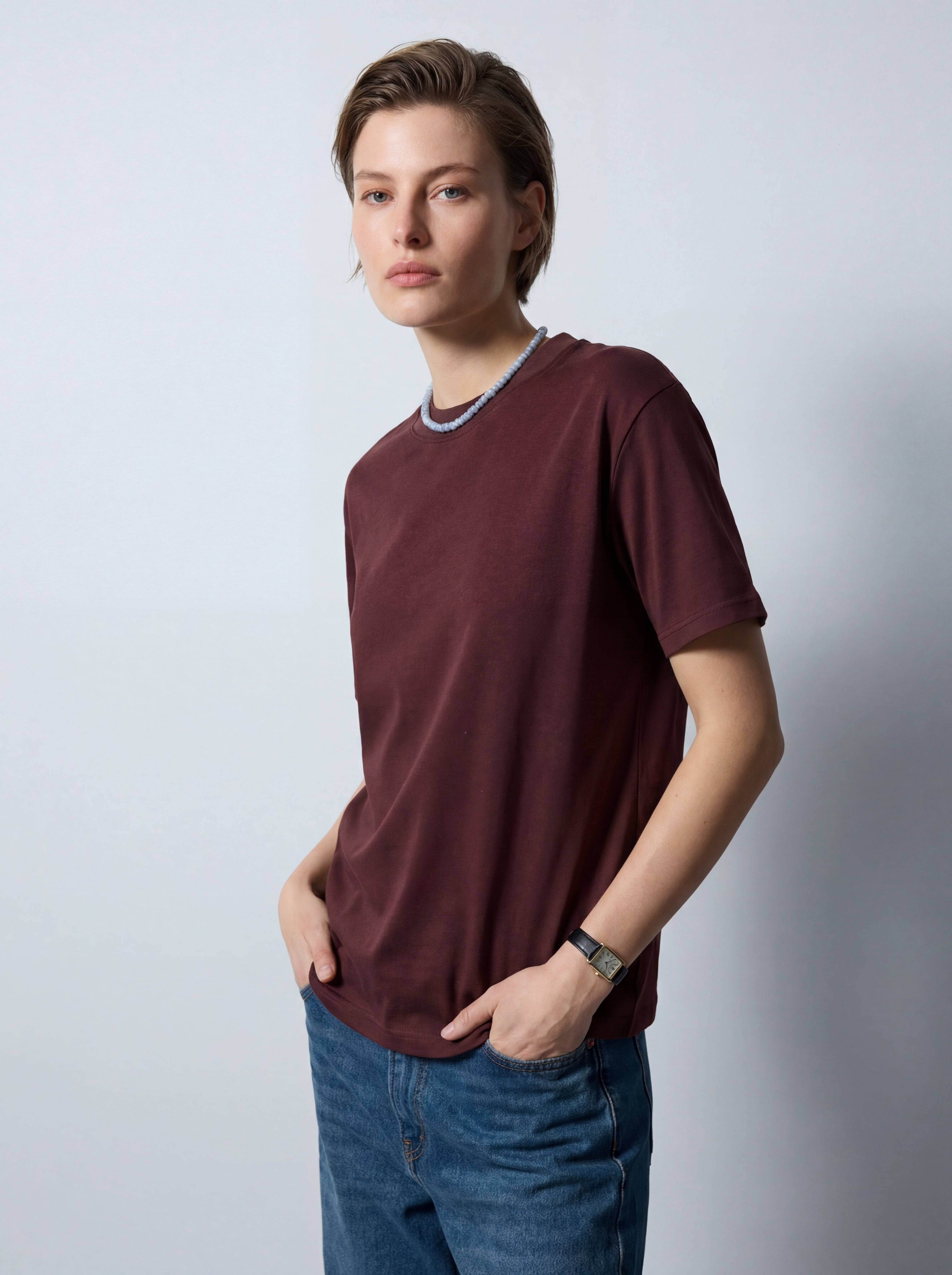 KISA KOLLU PAMUK T-SHIRT KAHVE