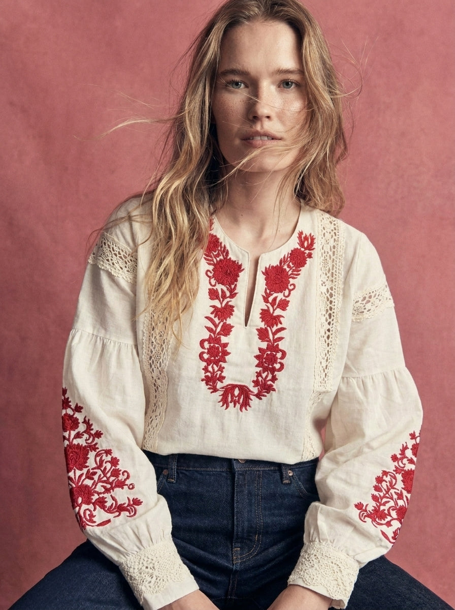ODETTE NAKIŞLI COTTON BLUZ RED