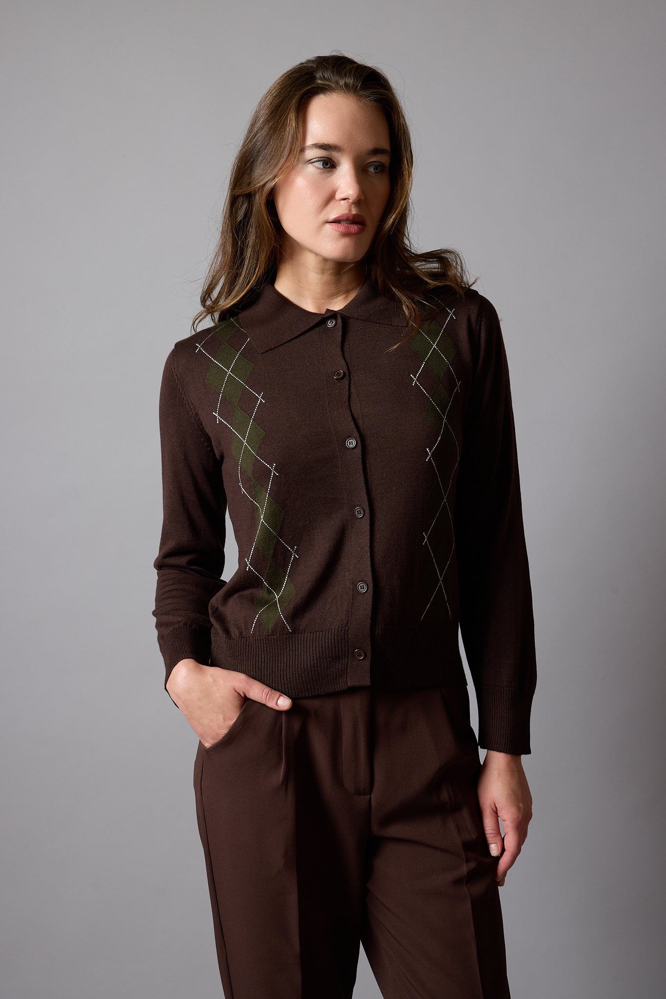 BAKLAVA DESENLİ POLO YAKA TRİKO HIRKA KAHVE