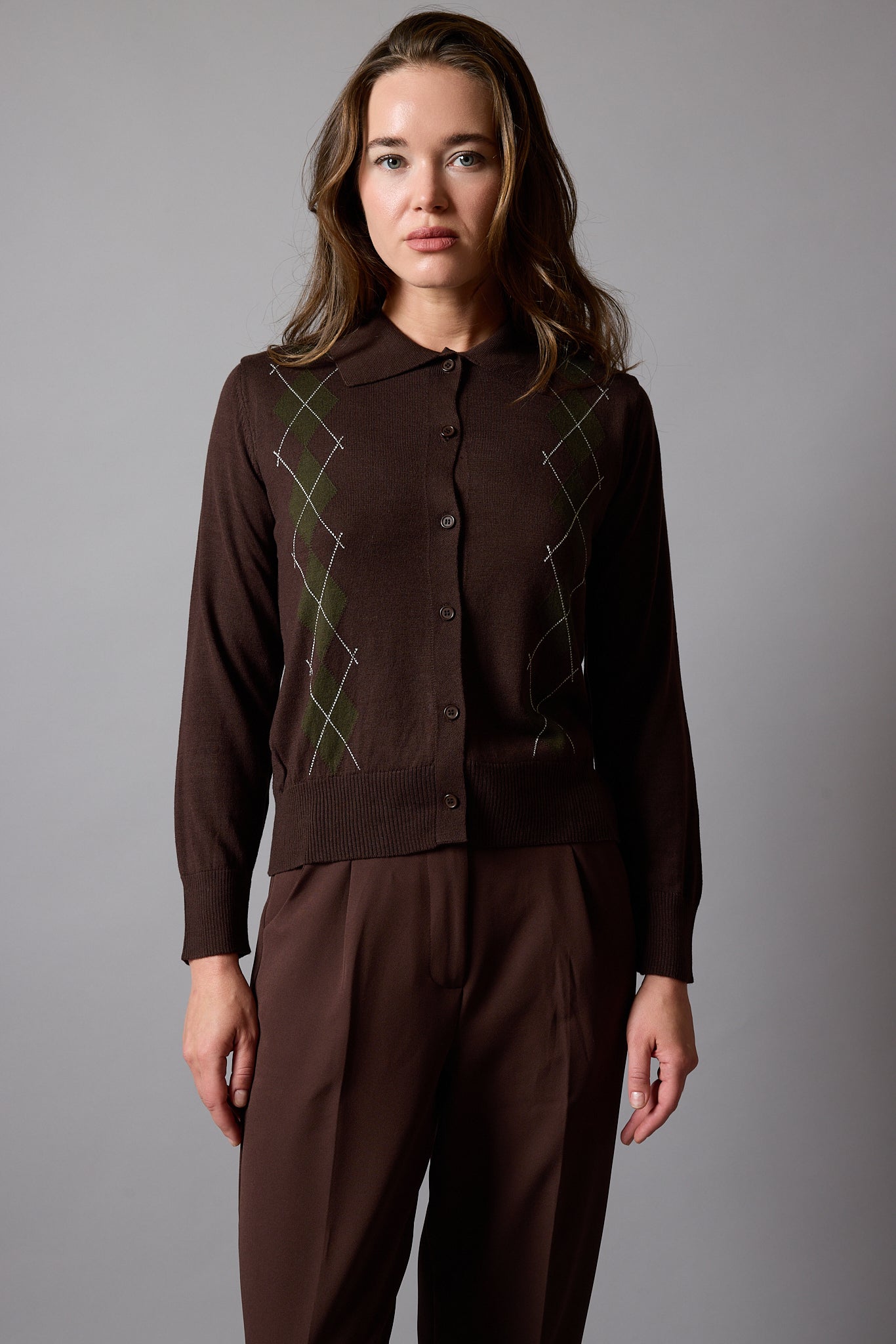 BAKLAVA DESENLİ POLO YAKA TRİKO HIRKA KAHVE