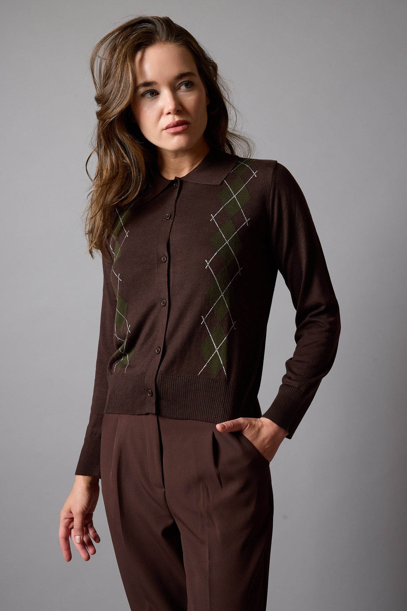 BAKLAVA DESENLİ POLO YAKA TRİKO HIRKA KAHVE