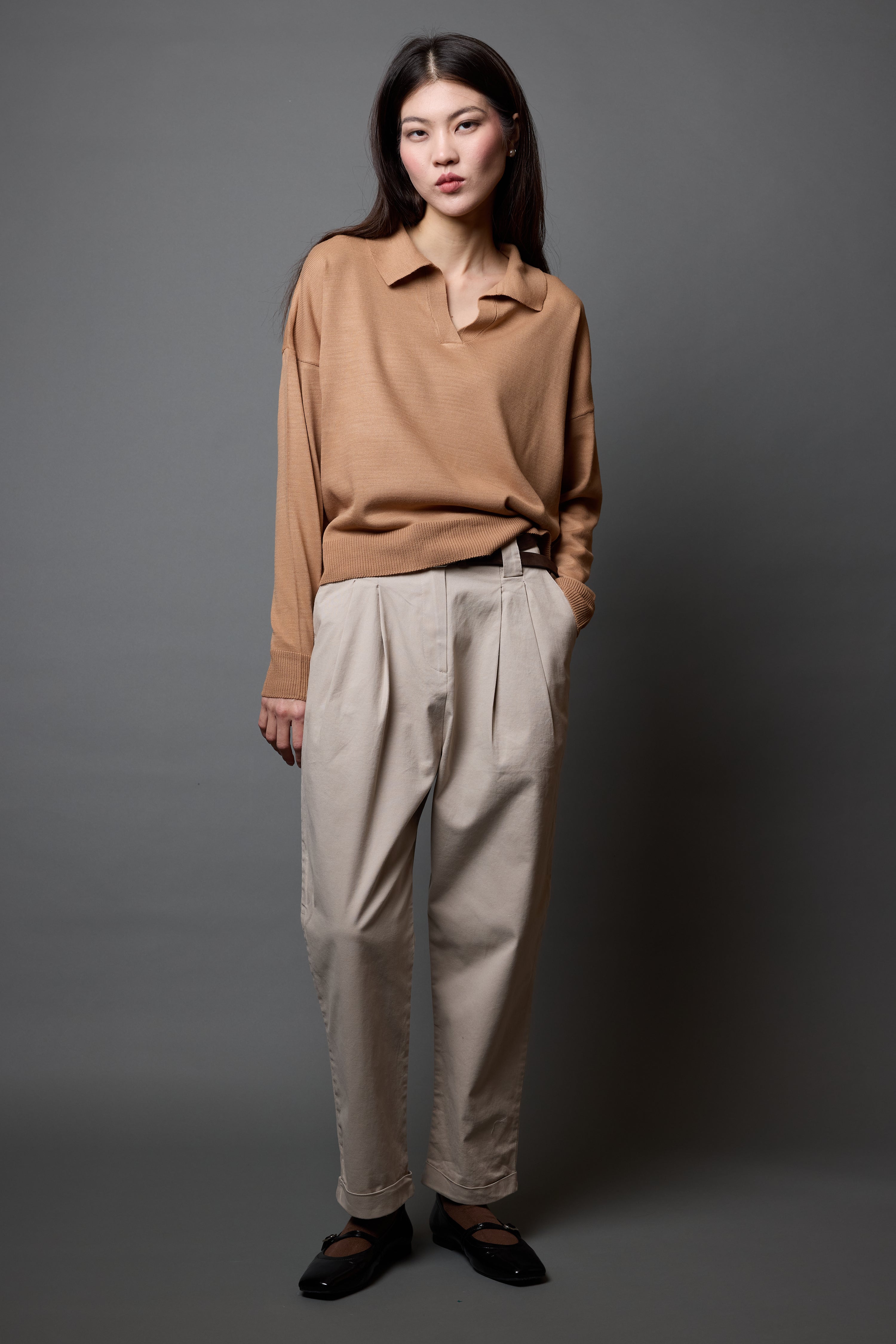 POLO YAKA DOKUMA TRİKO KAZAK CAMEL