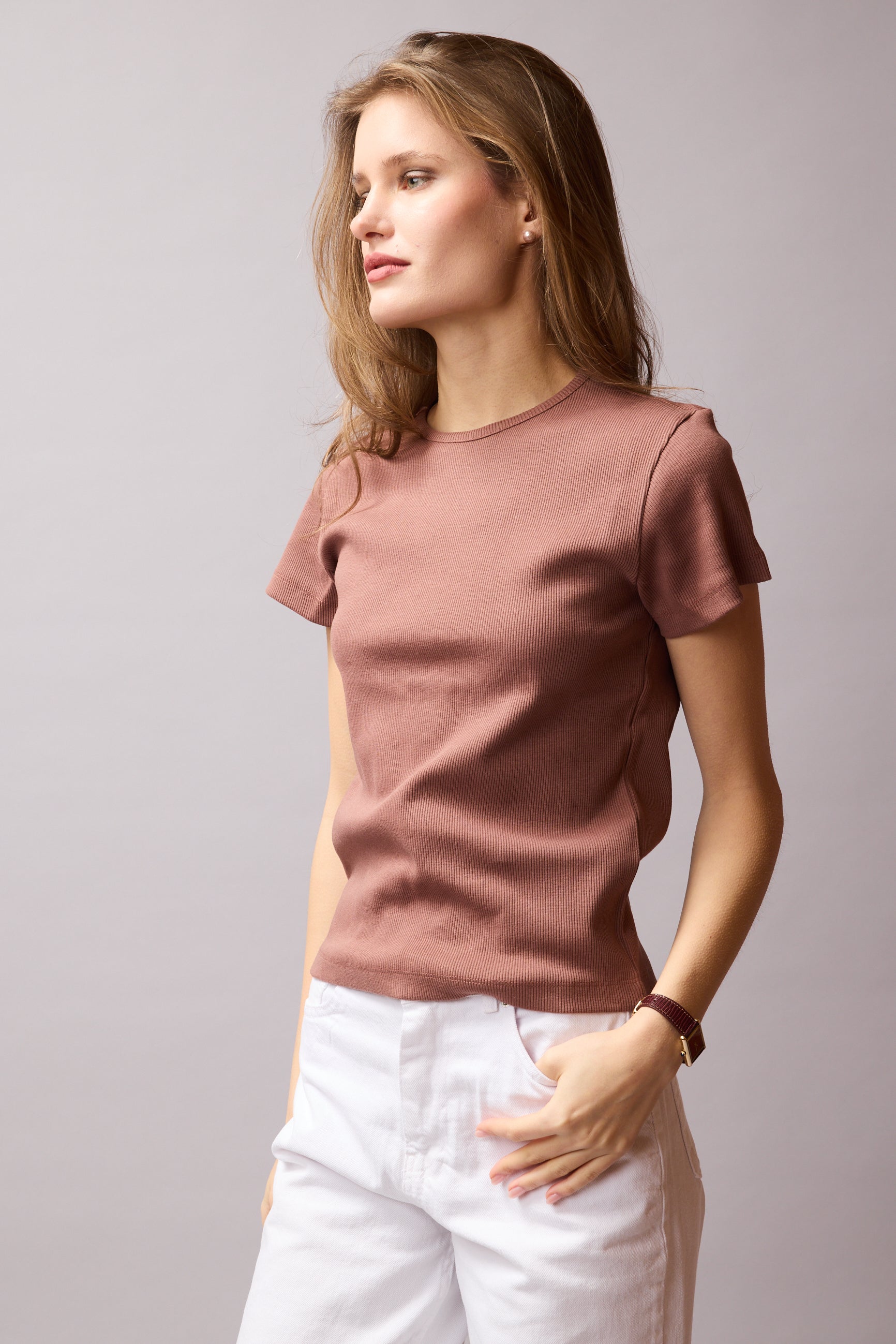 FİTİLLİ KISA KOLLU PAMUK T-SHIRT KAHVE