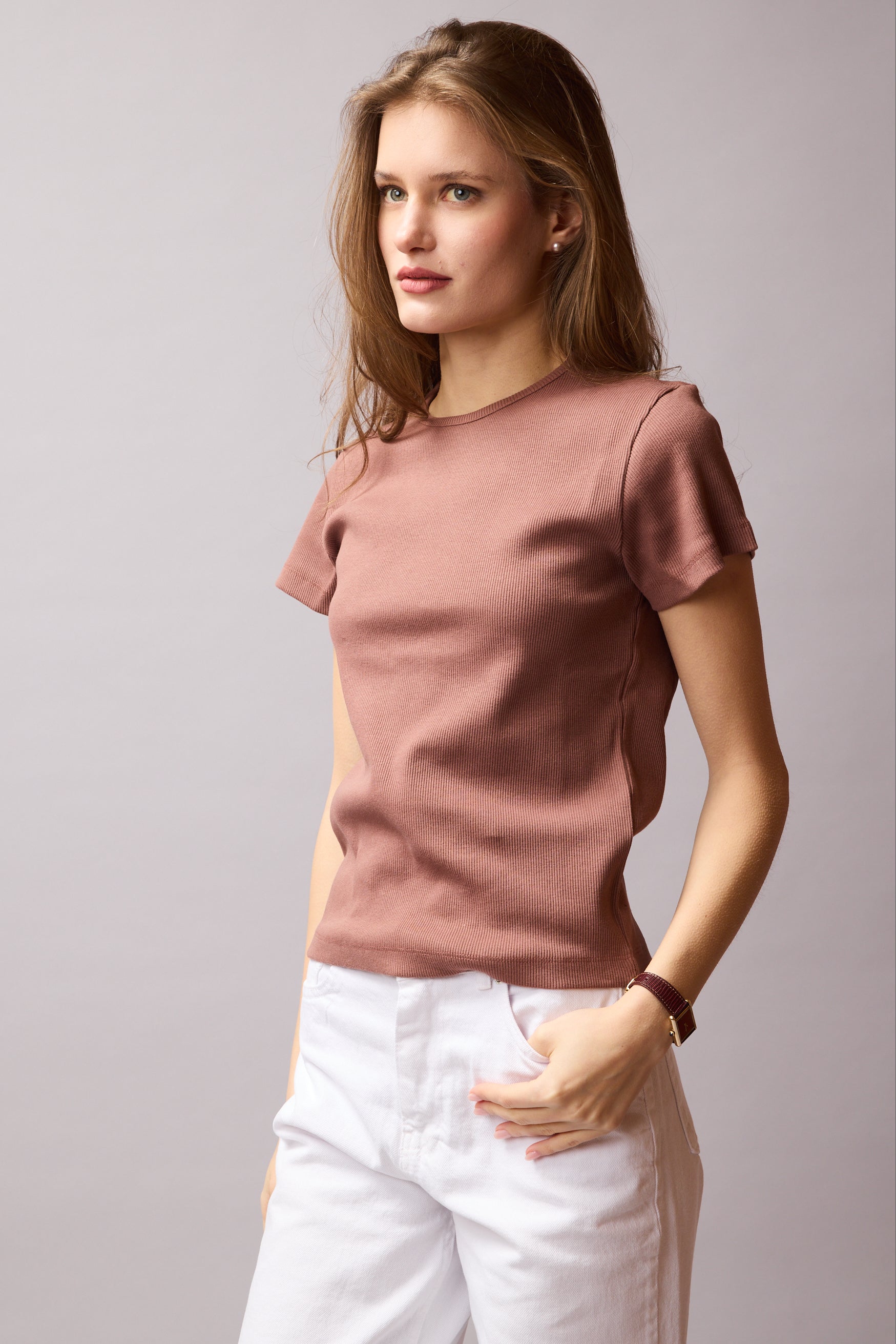 FİTİLLİ KISA KOLLU PAMUK T-SHIRT KAHVE