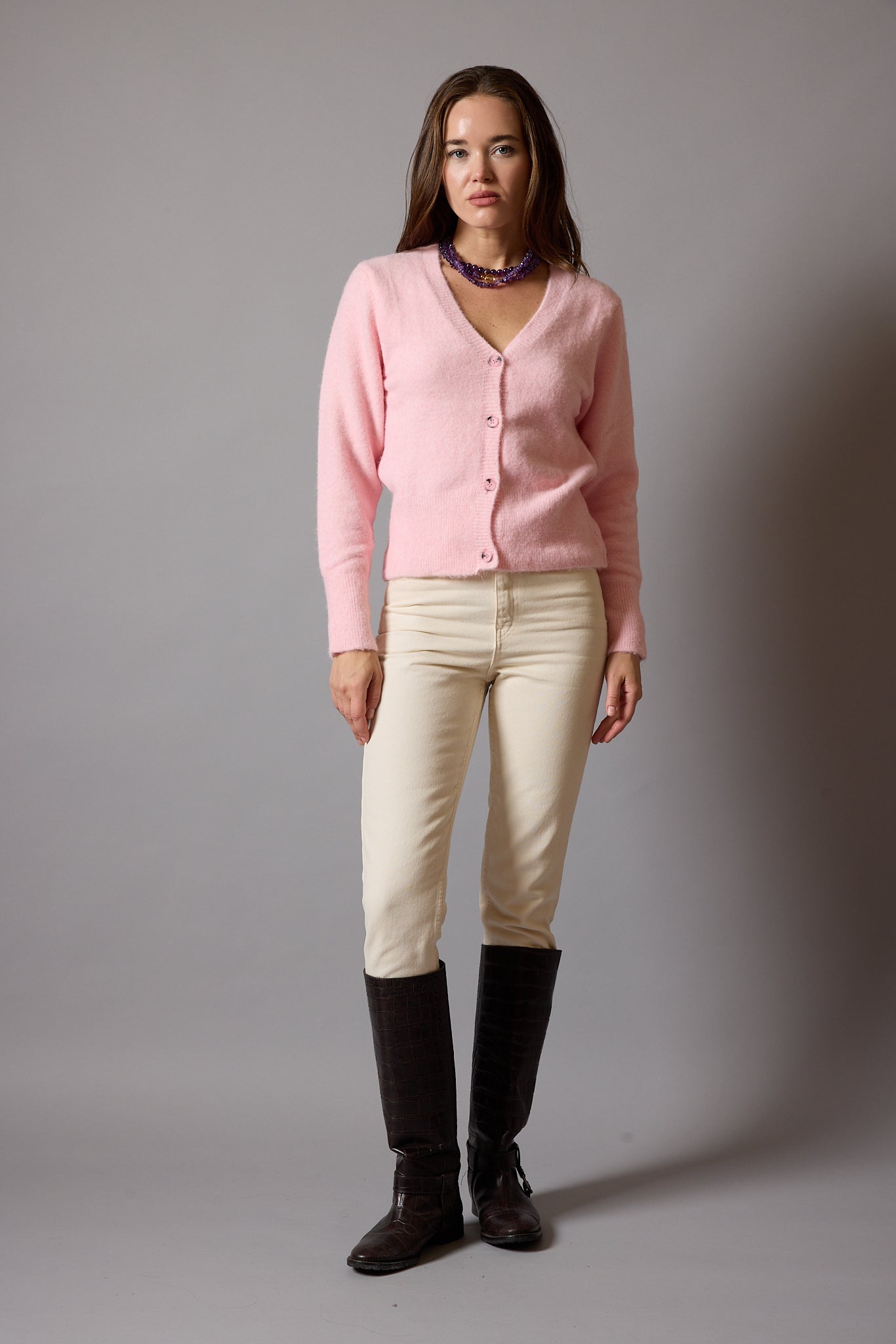 V YAKA YUMUŞAK DOKULU TRİKO HIRKA PINK ROSE