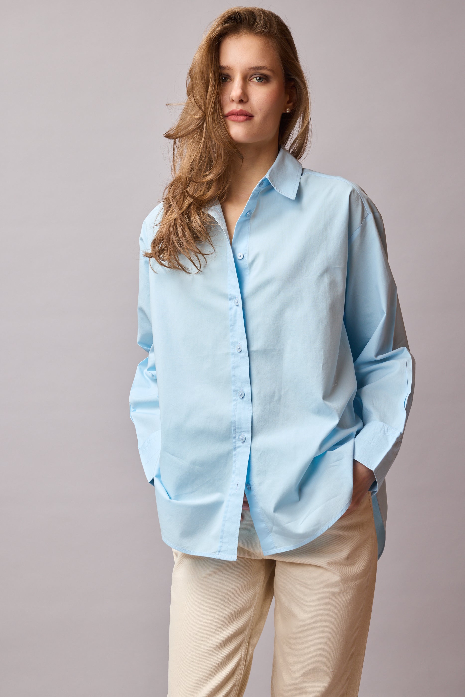 KLASİK YAKA OVERSIZE POPLİN GÖMLEK AÇIK MAVİ