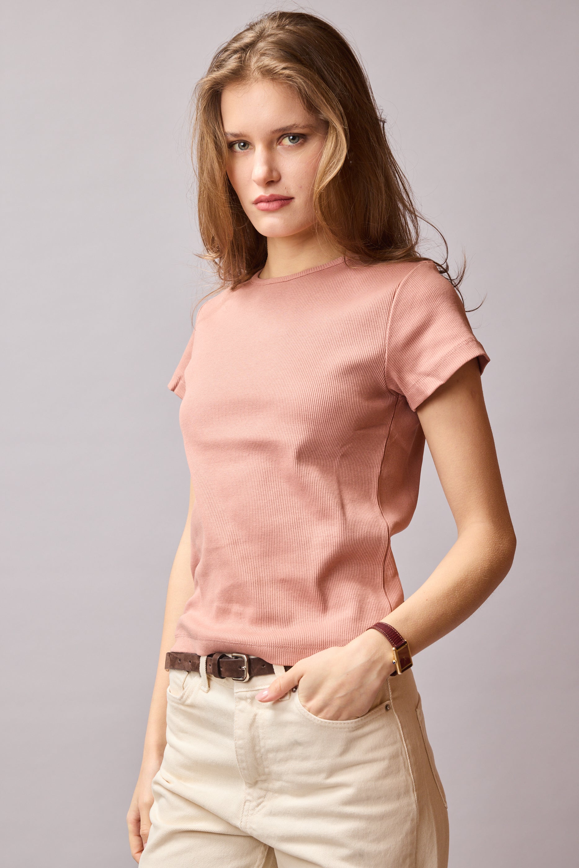FİTİLLİ KISA KOLLU PAMUK T-SHIRT ROSE