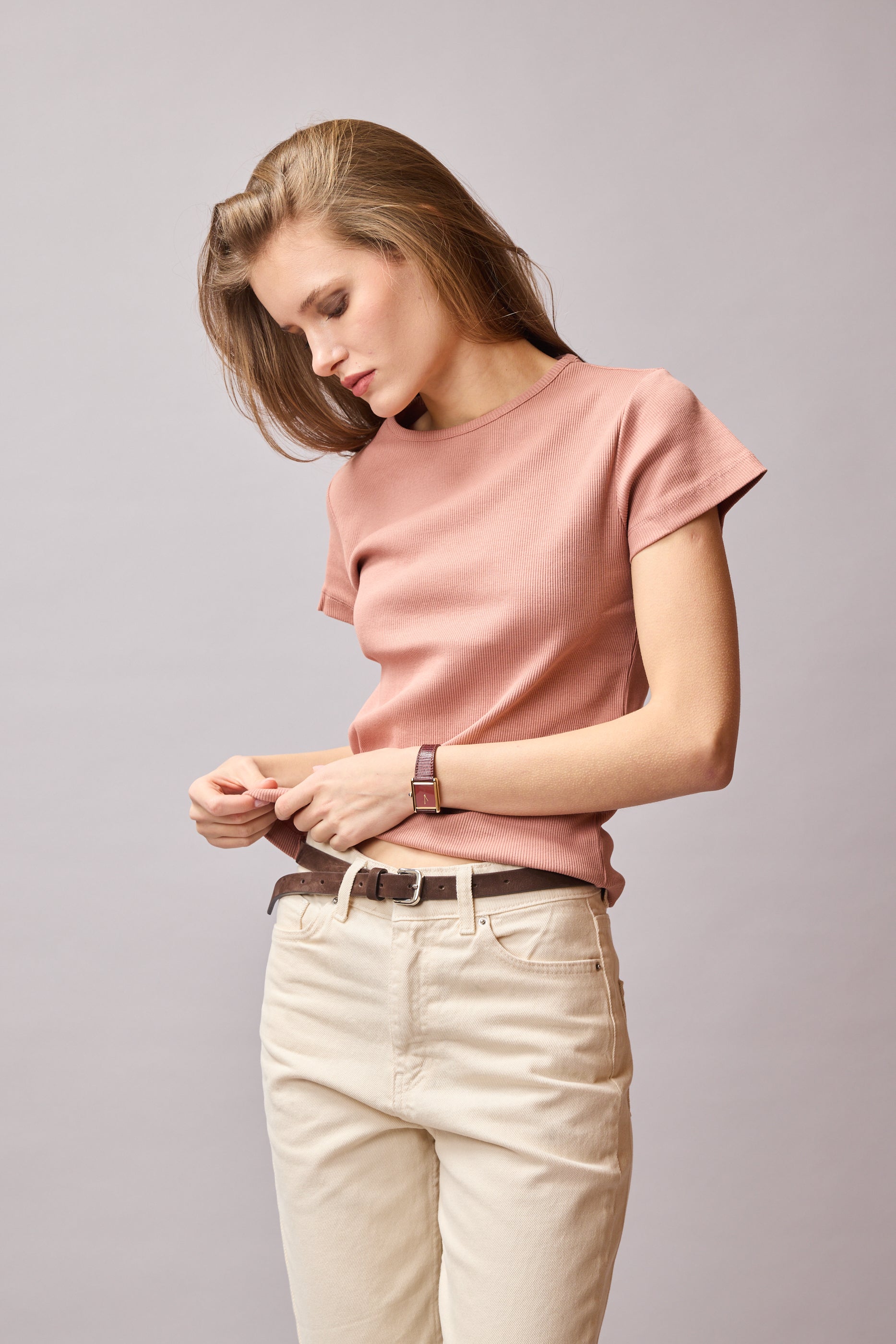 FİTİLLİ KISA KOLLU PAMUK T-SHIRT ROSE