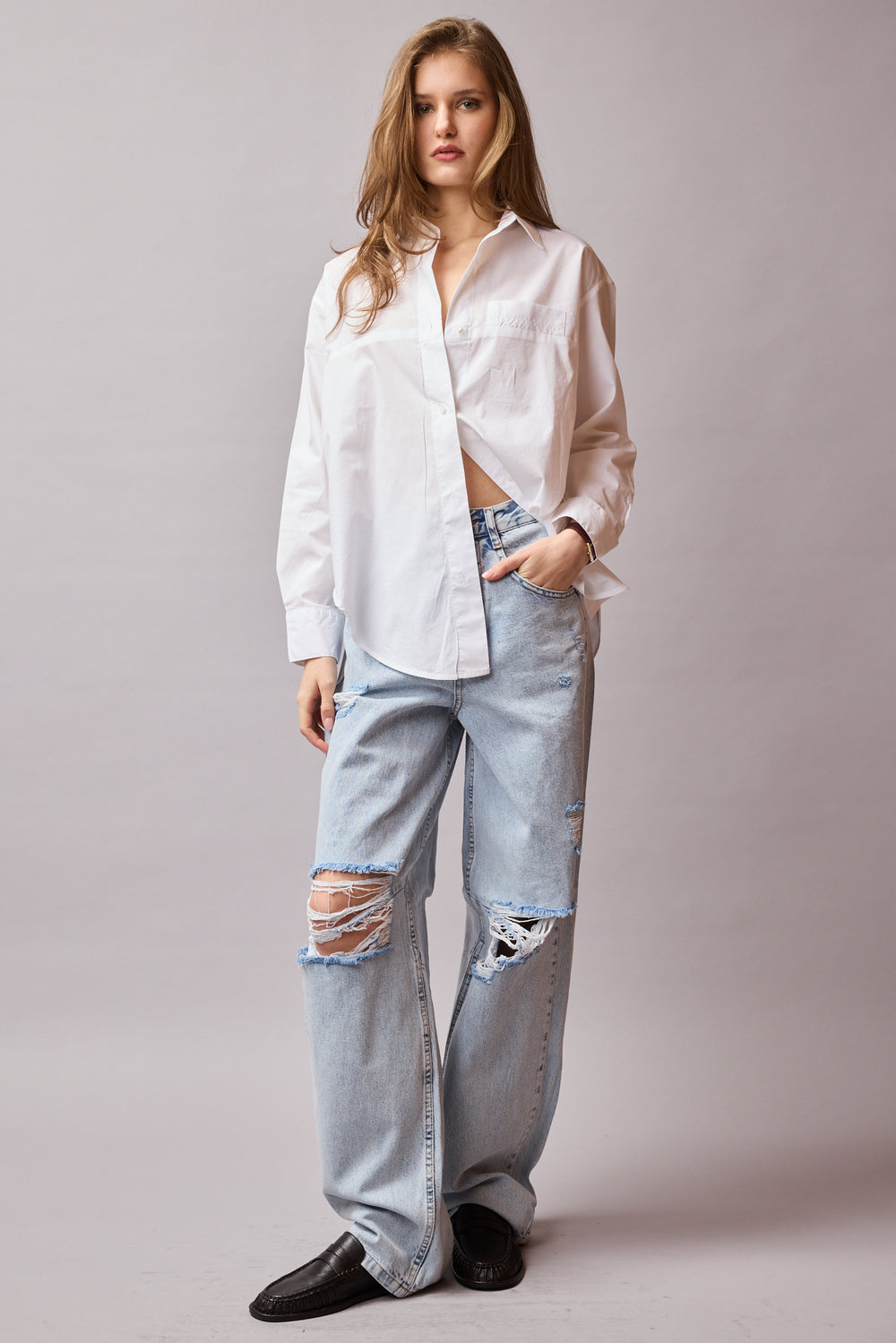 STRAIGHT FIT YUKSEK BEL GENIS PACA YIRTIK JEAN