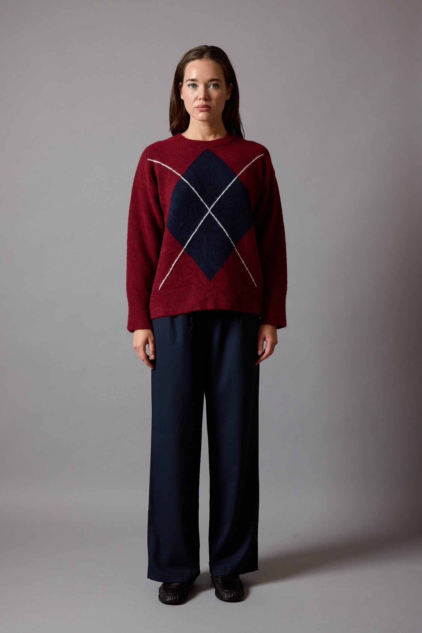 BAKLAVA DESENLİ OVERSIZE BISIKLET YAKA KAZAK BORDO