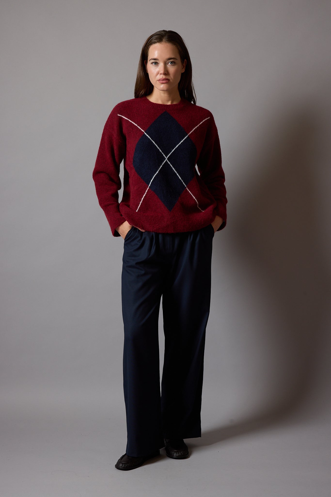 BAKLAVA DESENLİ OVERSIZE BISIKLET YAKA KAZAK BORDO
