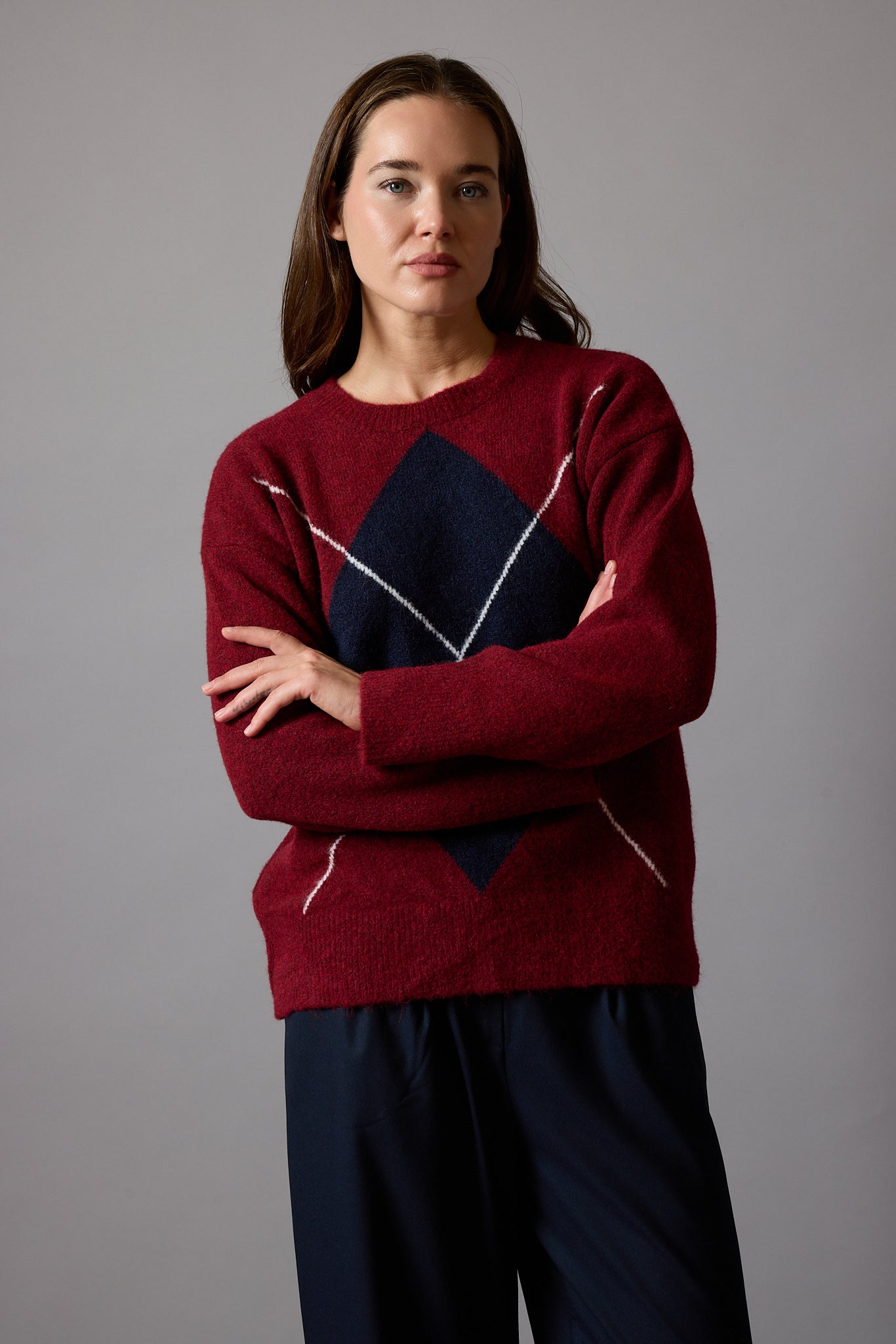 BAKLAVA DESENLİ OVERSIZE BISIKLET YAKA KAZAK BORDO