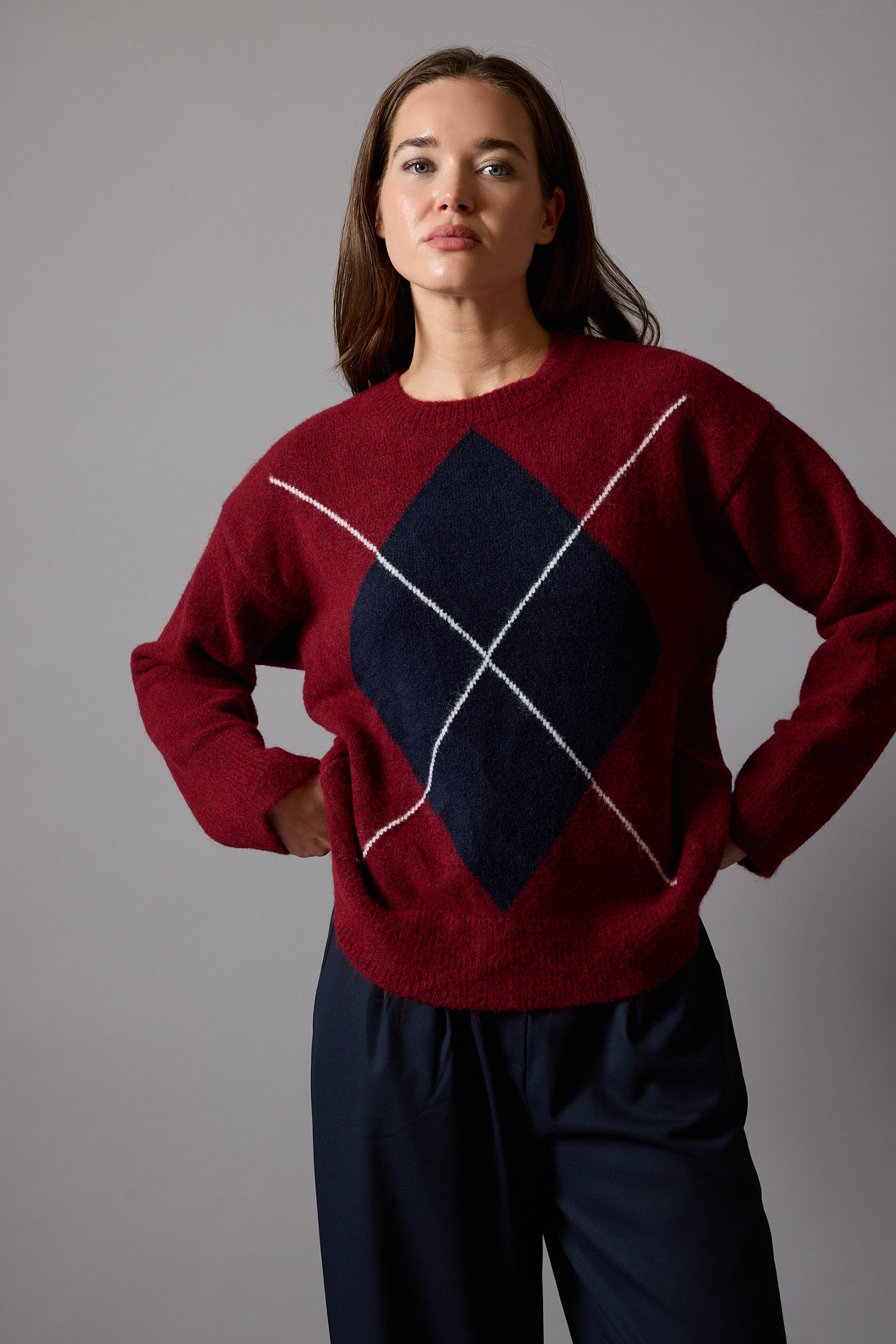 BAKLAVA DESENLİ OVERSIZE BISIKLET YAKA KAZAK BORDO