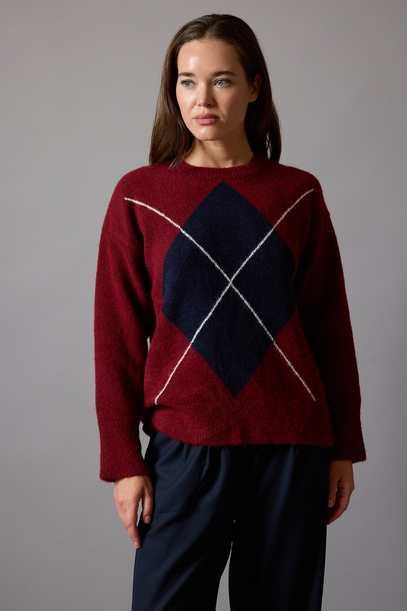BAKLAVA DESENLİ OVERSIZE BISIKLET YAKA KAZAK BORDO
