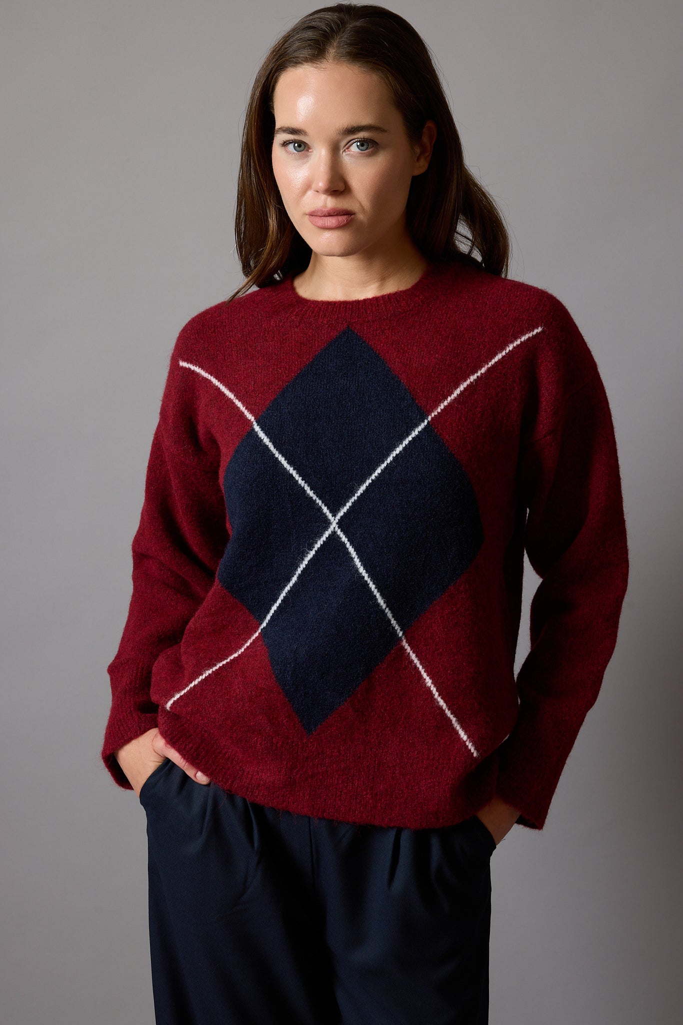 BAKLAVA DESENLİ OVERSIZE BISIKLET YAKA KAZAK BORDO