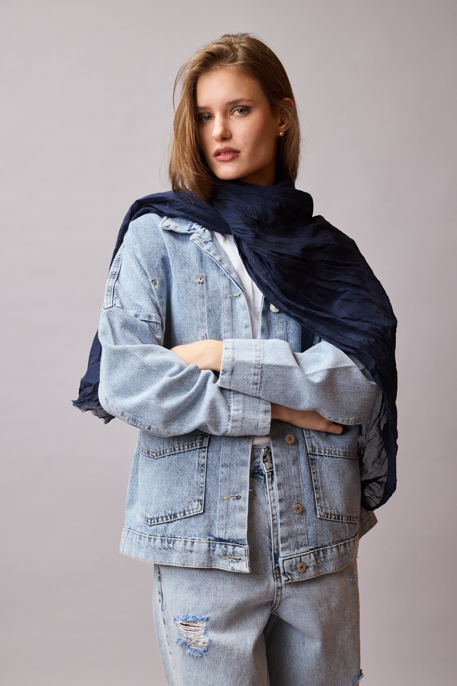 Midnight Blue Organik Pamuk El Boyama Şal