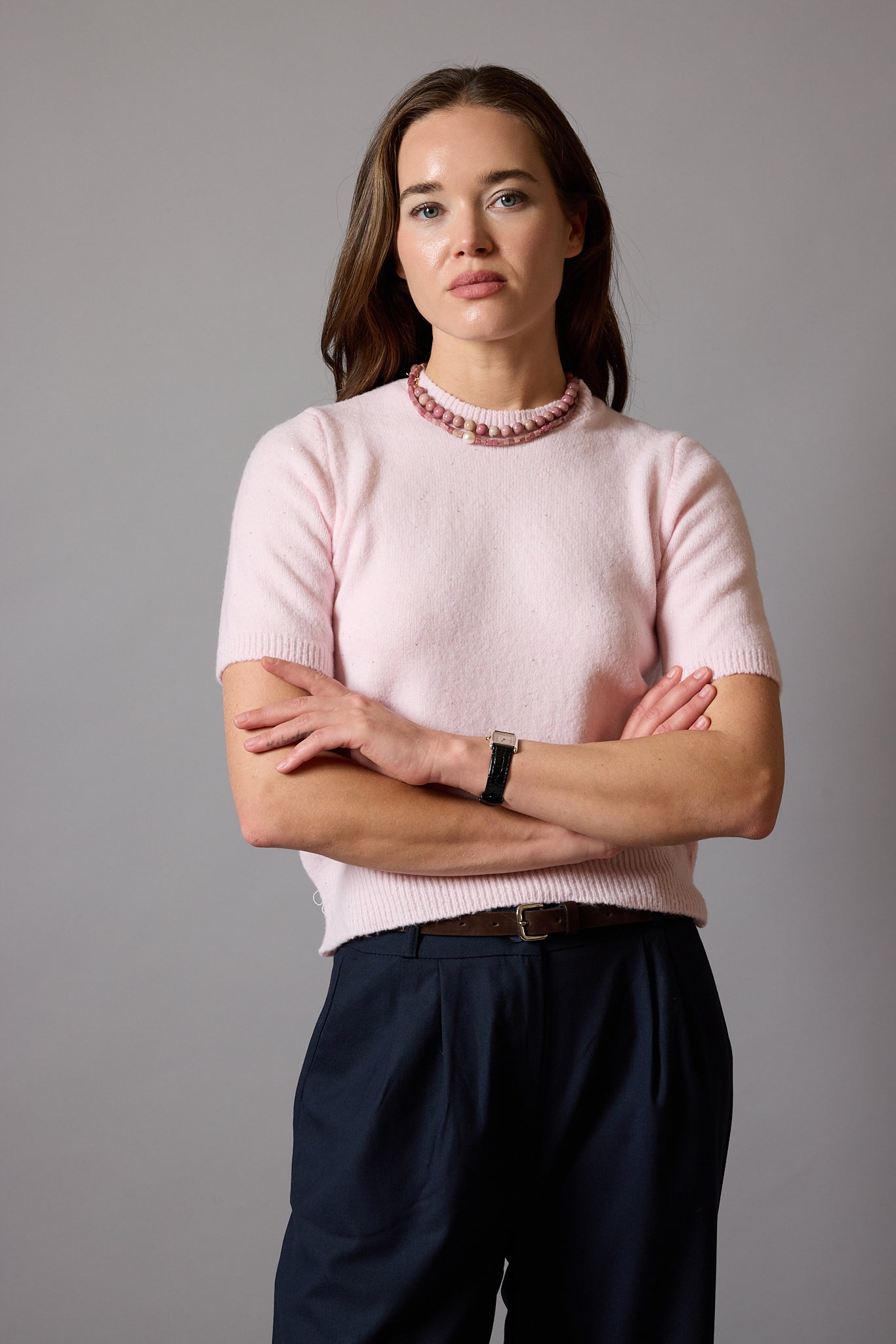 PARLAK DOKULU KISA KOLLU YUMUŞAK TRİKO PEMBE