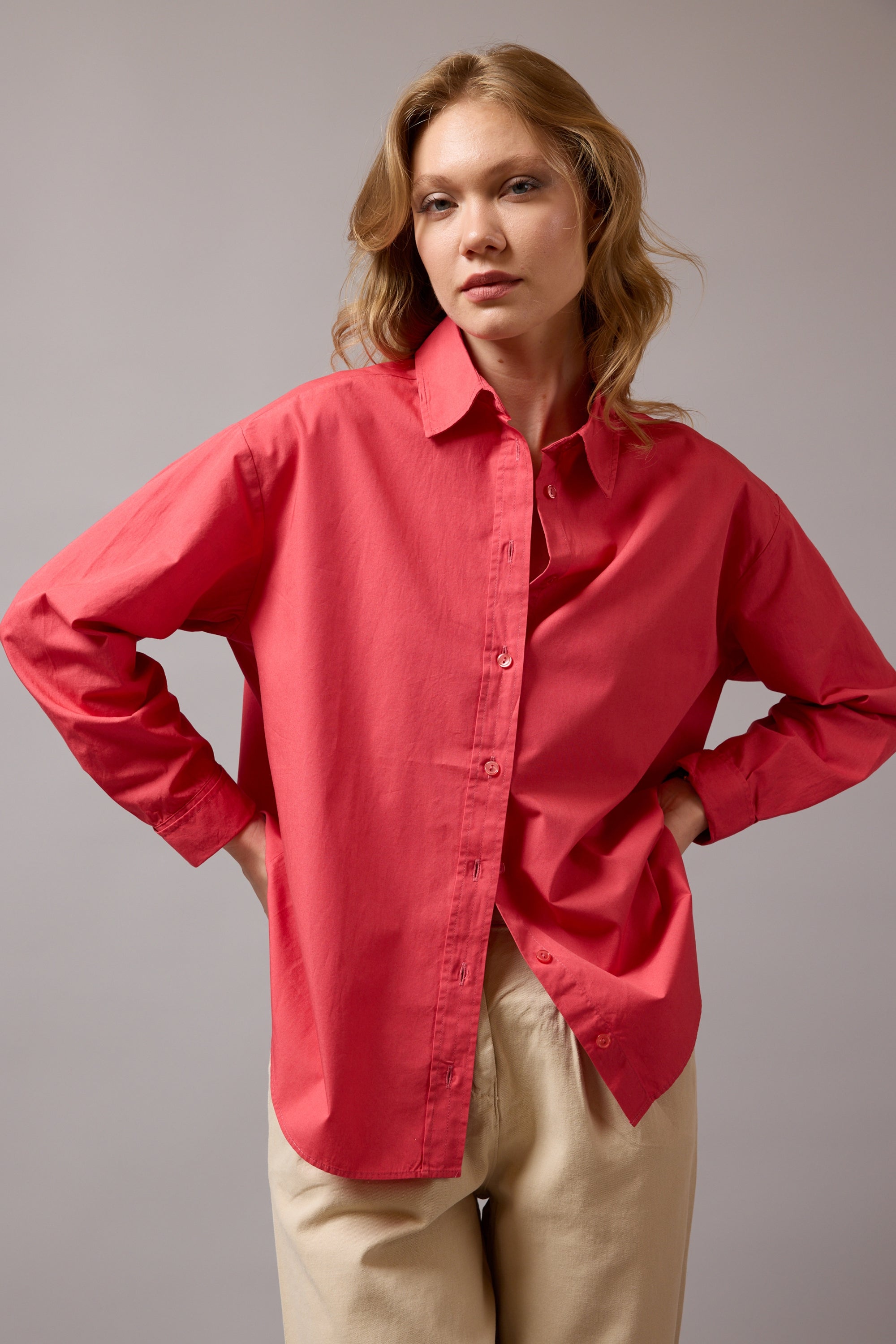 KLASİK YAKA OVERSIZE POPLİN GÖMLEK CHERRY